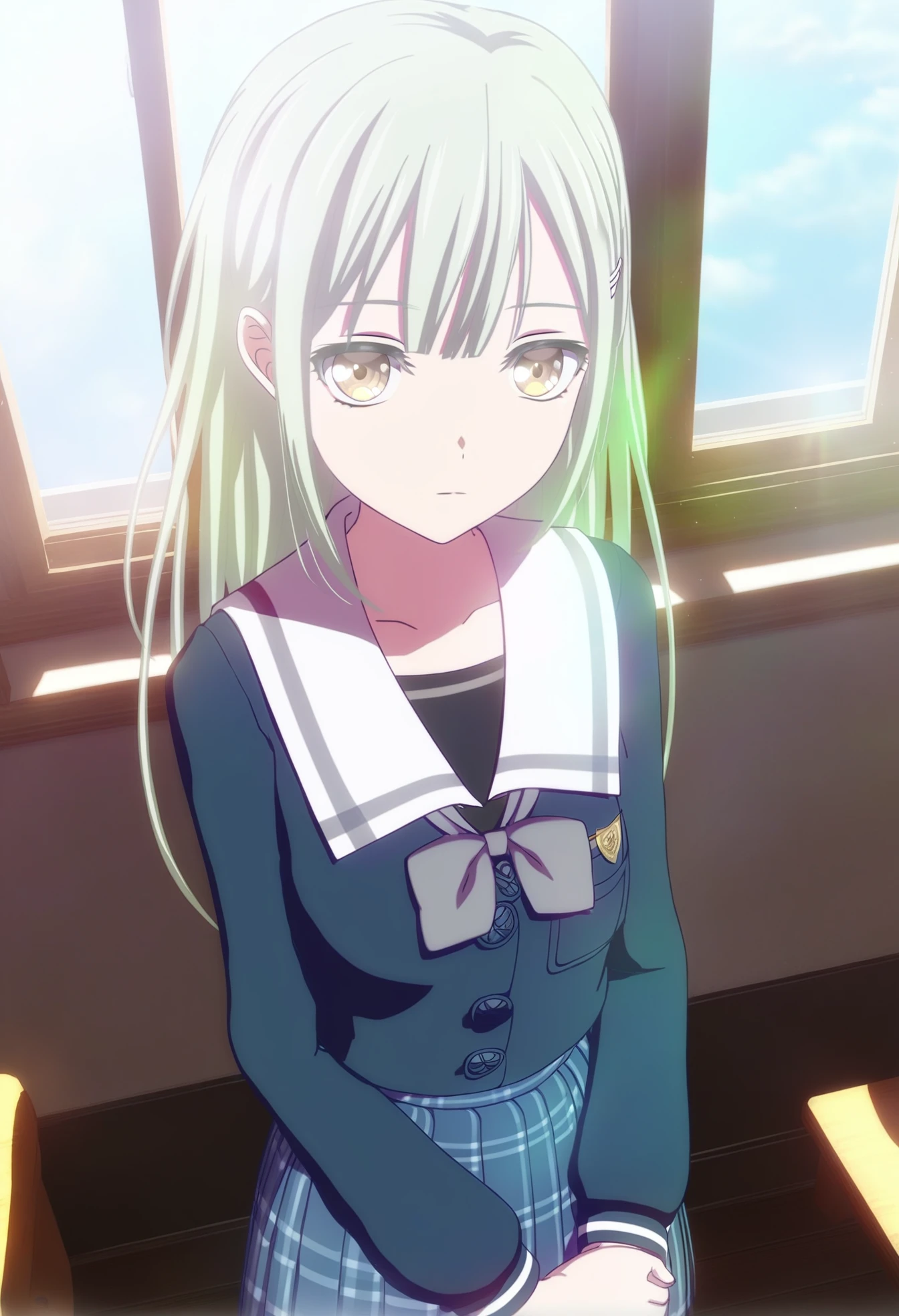 score_9,score_8_up,score_7_up,
spotlight,bright environment,day,sunlight,window,classroom,
maiden,senior high school student,a slim figure,small breasts,
1girl,solo,looking at viewer,own hands together,standing,expressionless,closed mouth,sidelocks,cinematic_angle,dynamic_angle,upper_body,portrait,
<lora:Wakaba MutsumiV1:1>,hairclip,Wakaba Mutsumi,junioor uniforrm,green hair,long hair,yellow eyes,skirt,plaid,plaid skirt,long sleeves,school uniform,pleated skirt,grey bowtie,grey neckerchief,sailor collar,socks,white socks,shoes,loafers,brown footwear,
