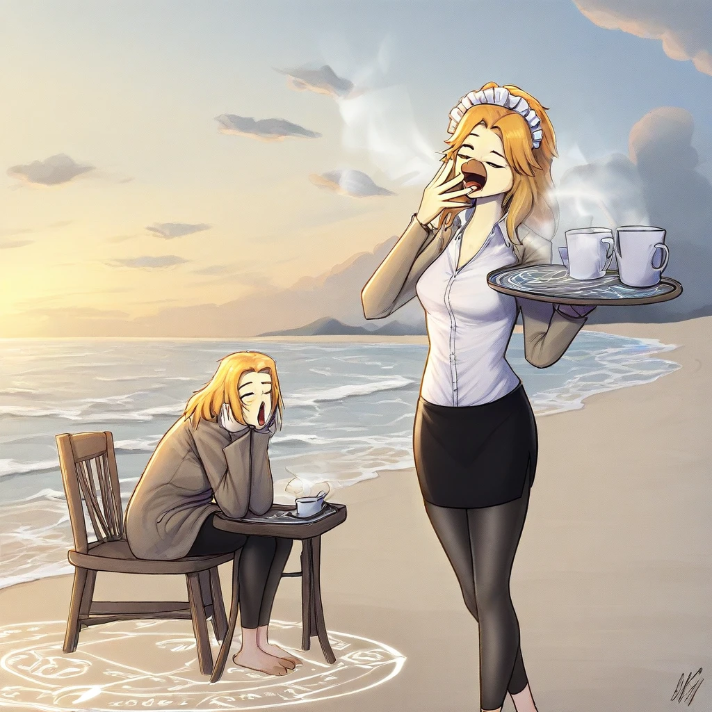bangs, magic circle, outdoors, beach, hands on ground, white shirt, nude, chair, steam, cloud, yawning, maid headdress, holding tray, leggings, pencil skirt, jacket