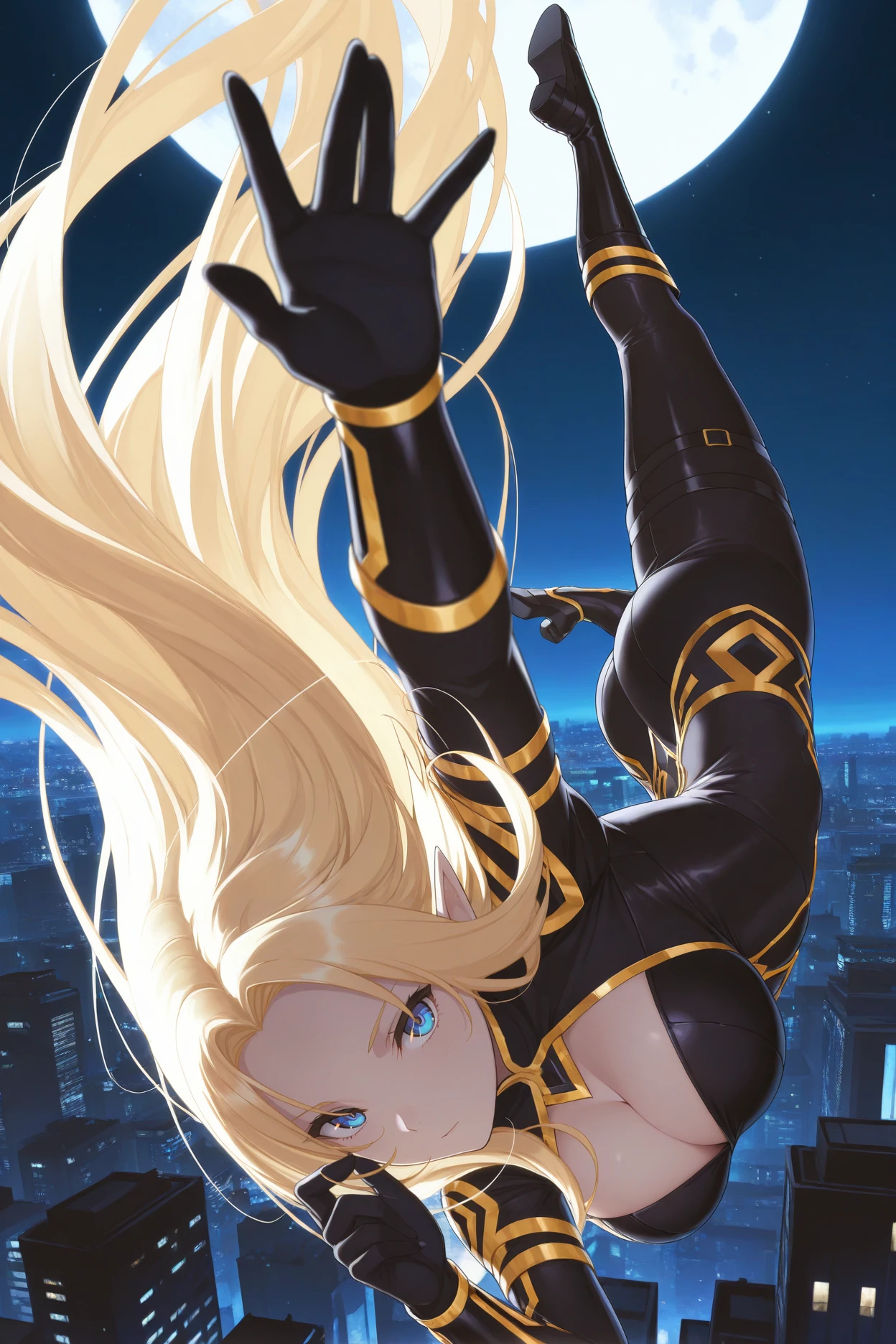 masterpiece, best quality, 1girl, solo, <lora:alpha-illu-nvwls-v1-000006:1> alpha, pointy ears, blue eyes, very long hair, blonde hair, black bodysuit, cleavage cutout, gold trim, black gloves, black boots, large breasts, looking at viewer, dynamic pose, hand up, falling, cityscape, night sky, moon