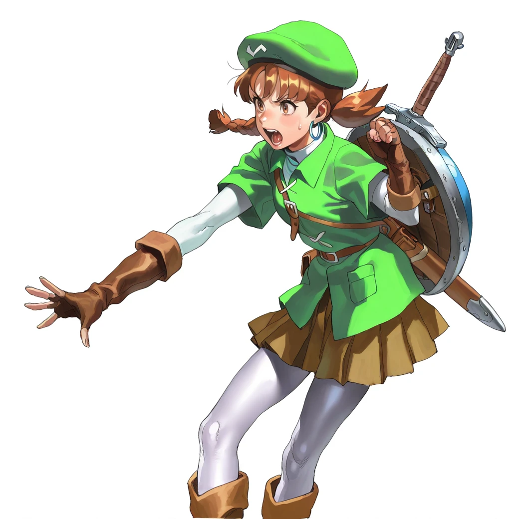 1boy, solo, masterpiece, best_quality, absurdres, perfect quality, high quality ,BREAK
Cowboy_shot ,White background, BREAK
<lora:Tekken_-_Junny_Artstyle:0.7> junny,BREAK
<lora:ootalinkil:1> ootalink,weapon on back, shield on back, long legs, white pantyhose, white undershirt, layered sleeves, brown knee boots, brown elbow gloves, brown fingerless gloves, green pleated skirt, green tunic, green headwear, collared shirt, blue hoop earrings,
