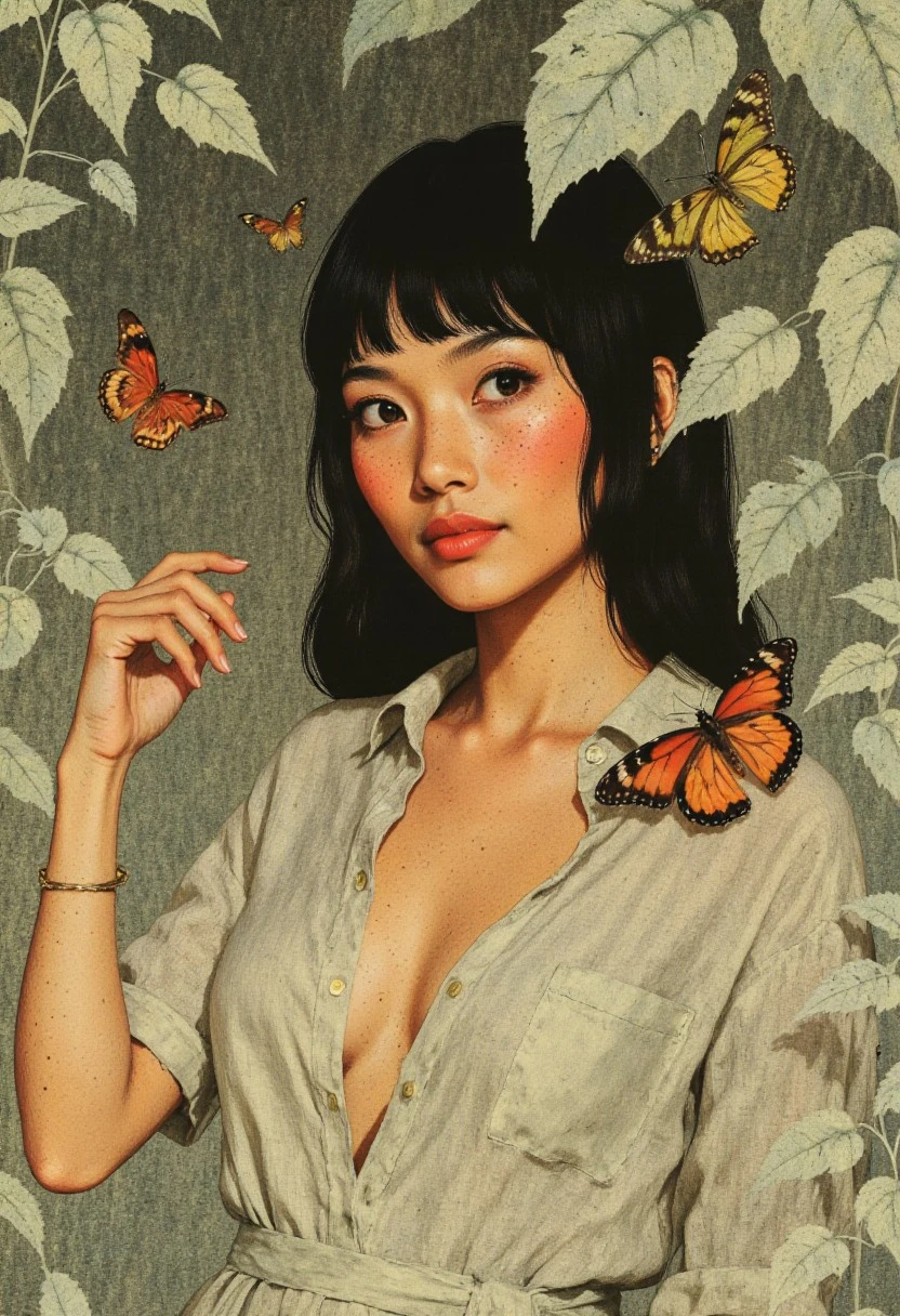 This detailed digital illustration portrays a closeup of a woman with fair skin and sleek, black hair styled with blunt bangs, exuding an ethereal charm. Her large, almond-shaped eyes carry a soft, dreamy expression, while her slightly parted lips suggest quiet wonder. She is enveloped by a dense background of intricately detailed white leaves, with varying shades of green and subtle brown accents, creating a lush, organic texture that fills the frame. Surrounding her are vibrant butterflies, each uniquely detailed and bursting with color. A striking orange-and-yellow butterfly with bold black and white markings flutters near her, while another in vivid red and black adds depth. A third butterfly, blending hues of green and blue, completes the whimsical tableau. The woman's delicate hands emerge gracefully from the foliage, fingers slightly spread as if reaching to gently touch the butterflies, creating an intimate connection between her and the natural elements. Her fair skin blends seamlessly with the leafy surroundings, enhancing the dreamlike quality of the scene. She wears a white linen romper. The composition combines realism and fantasy, showcasing meticulous detail, vibrant colors, and a harmonious interplay of nature and human form, resulting in a visually captivating and enchanting artwork.