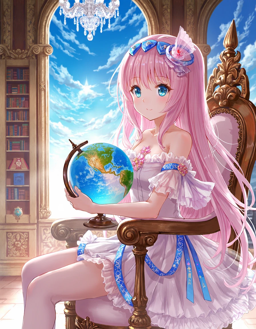 A digital illustration in an anime style featuring a young woman with long, flowing, pastel pink hair and bright blue eyes. She has a slender build and is wearing a white, off-the-shoulder dress with a floral pattern and a matching headpiece. She is sitting on a large, ornate chair with intricate designs, holding a globe with a small, detailed world inside. The background features a large window with a view of a bright blue sky and fluffy white clouds. The room is decorated with elegant, intricate patterns and a chandelier with sparkling crystals hanging above her. There are also ornate bookshelves and a large, detailed mirror in the background. The lighting is soft and natural, with a warm, inviting atmosphere. The woman has a gentle, serene expression, looking off into the distance. The image has a high level of detail and a soft, ethereal quality. The overall aesthetic is graceful and refined, with a touch of fantasy. The colors are soft and pastel, with a focus on whites, blues, and pinks. The woman's pose is relaxed and graceful, with her hands resting gently on the globe. The illustration has a dreamy, ethereal quality, with a sense of peace and tranquility. The style is reminiscent of fantasy anime.