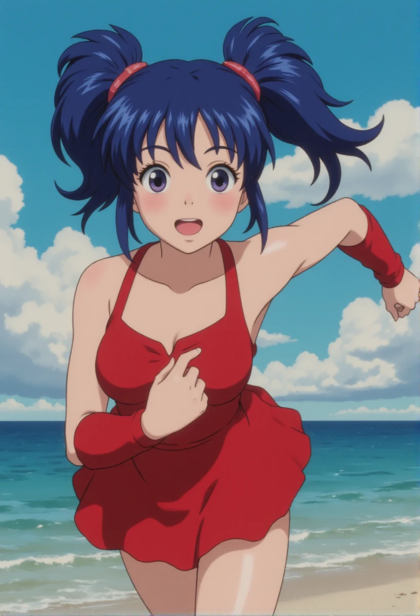 80s anime still, girl with blue twin tails, red outfit, dynamic pose, date pov