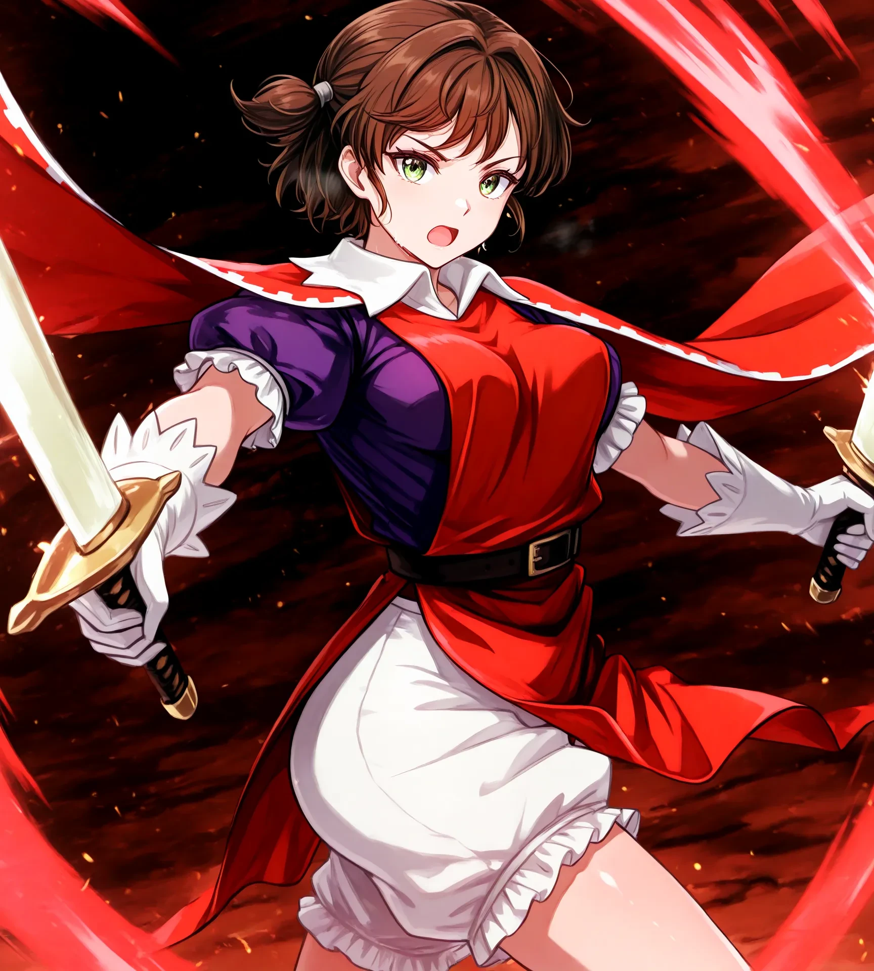 masterpiece, best quality, high resolution, absurdres, newest,1girl,solo,explicit,anime coloring,<lora:CleanAnime - [Enchanter] - illustriousXL v1.5:0.8>,
<lora:melisandre_ill_v2:1>,
melisandre,1girl,brown hair,short hair,short twintails,green eyes,twin cape,red tabard,puffy sleeves,short sleeves,purple shirt,collared,pelvic curtain,white shorts,white gloves,
serious,open mouth,
red tabard squeeze,lift shirt,flashing breasts,
<lora:Torpedo breasts IXL 2:0.5>,
medium breasts,bouncing breasts on clothes,
holding weapon,dual swords,attack,slash effects, dual wielding,
simple background,gradation background,