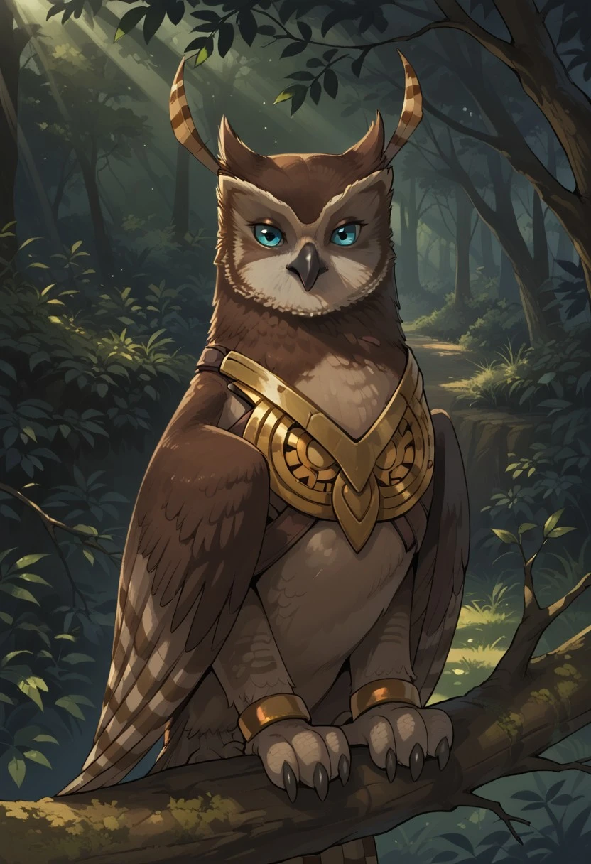BREAK score_9, score_8_up, score_7_up, source_anime, 1girl, detailed, 1girl, Solo, Longclaw_(Sonic), owl, feral, two-tone feathers, brown-white, blue eyes, two long feathers, two feathers behind the ears, brown wings, golden armor, chest armor, (sitting on a tree branch:1.8), (sunlight dappling the leaves:1.1), forest background, view front,