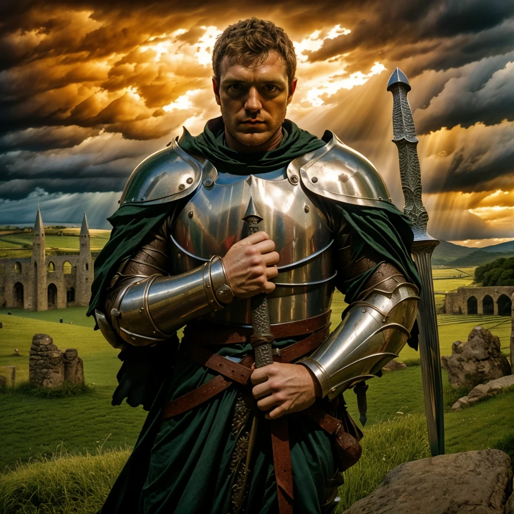 tom mckay, realistic eyes, HD, fantasy art, Medieval knight, worn detailed armor, standing by a European village, dramatic sunset, gripping sword downward, green grass, fields, rocks, moody atmosphere, rich contrast, depth of field, epic composition, natural realism, intricate shading, dark cloud lighting, stormy sky, dark, European sword, long <lora:ws4:1> <lora:Tom McKay-000003:1>, short hair