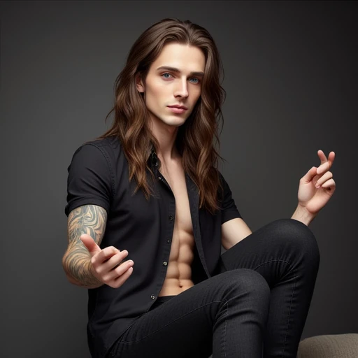 Handsome young man, lean, Pale, White-skinned, l vampire, with black long hair, waist up portrait, The light dances in the eyes, lips, Sparks fly from your fingertips, cos, Invoice Skins, on a black background, in the photo studio, Backlighting. Beautiful torso, lowbrow, impassioned, Sexual