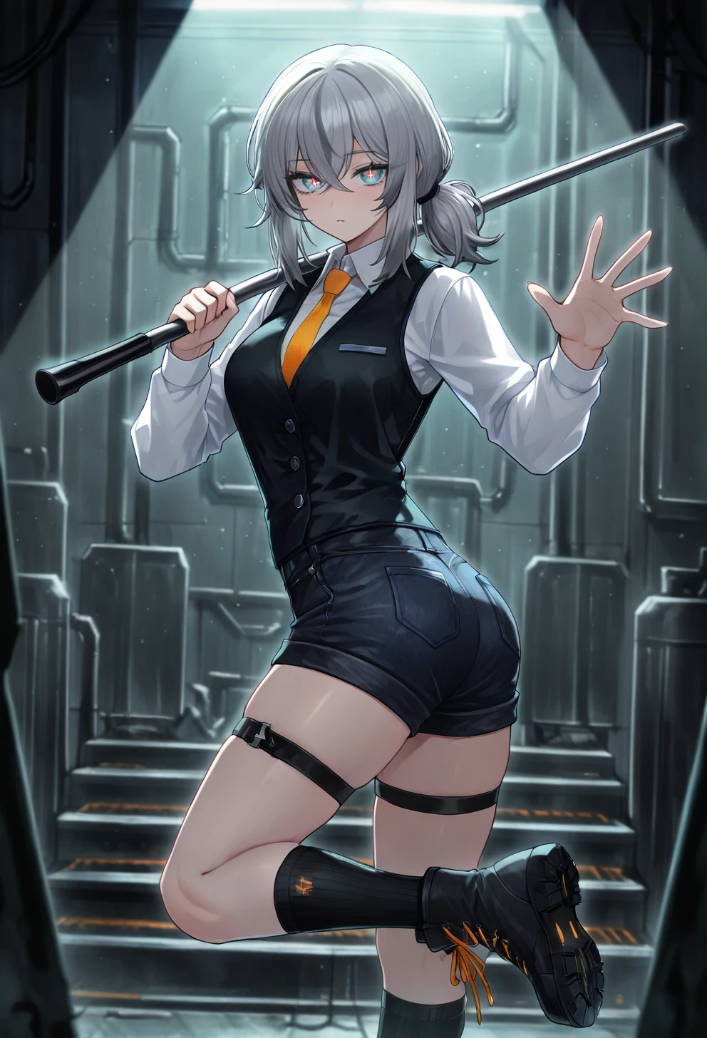 masterpiece,best quality,absurdres,volumetric lighting,1girl,solo,low ponytail,over the shoulder ponytail,medium hair,straight hair,dark gray hair,(colored forelock:1.2),black forelock,crossed bangs,silver eyes,orange pupils,X pupils,black vest,white shirt,long sleeves,collared shirt,orange tie,black denim shorts,garter,black socks,midcalf socks,combat boots,orange shoelaces,twisted torso,spread fingers,<lora:Limbus6:0.77>,lobcorpscousin <lora:hotarueye_xl_tareme4_v10 (1):0.5> <lora:hotarueye_xl_tsurime2_v10:0.3>
