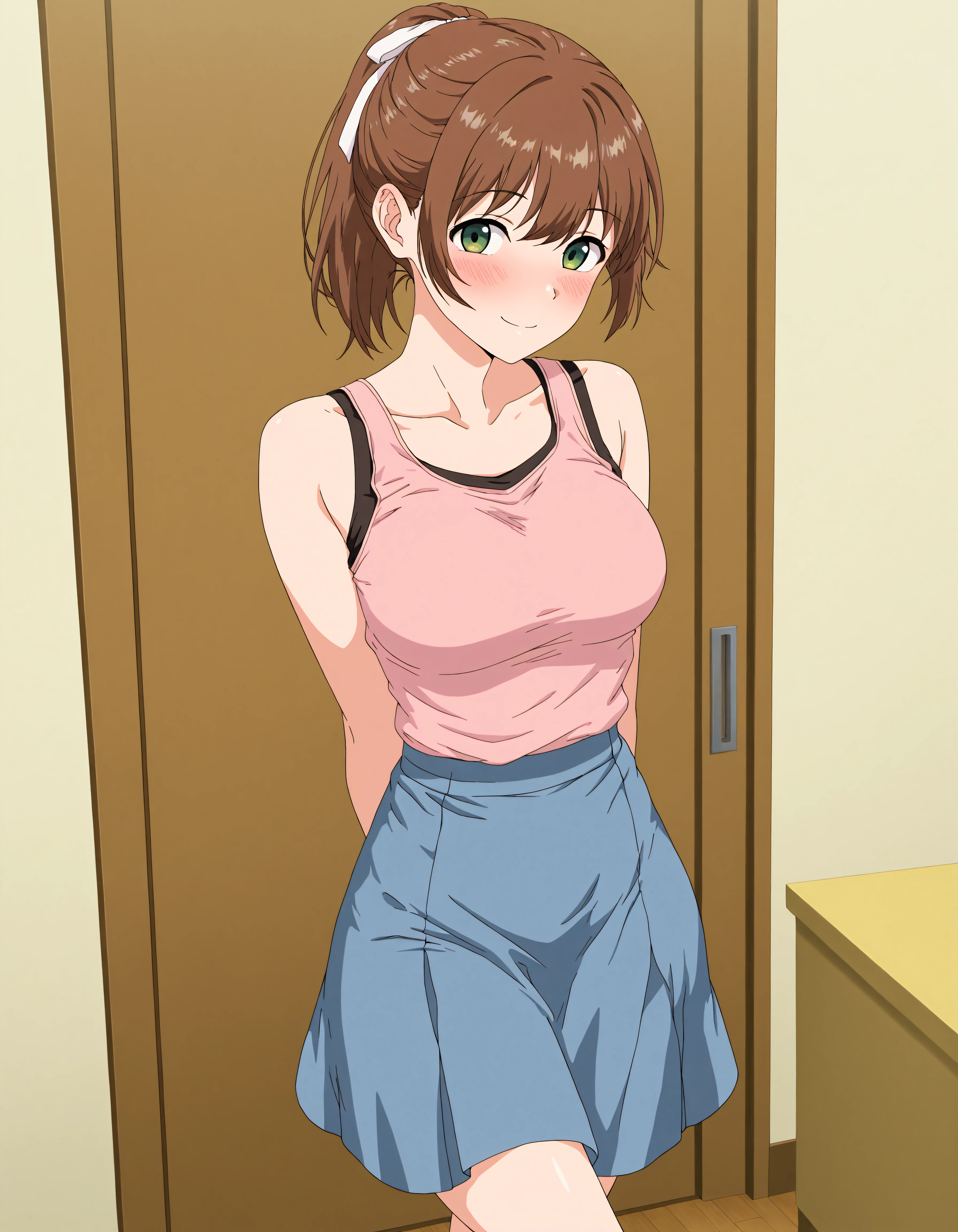 masterpiece, best quality, very aesthetic, absurdres, highres, newest, anime, realistc, darkalx, Kasuga, , 1girl, solo, breasts, short hair, looking at viewer, blush, smile, skirt, brown hair, shirt, ribbon, bare shoulders, closed mouth, green eyes, standing, collarbone, hair ribbon, ponytail, sleeveless, blue skirt, arms behind back, indoors, room interior, tank top, pink shirt, crossed legs, standing