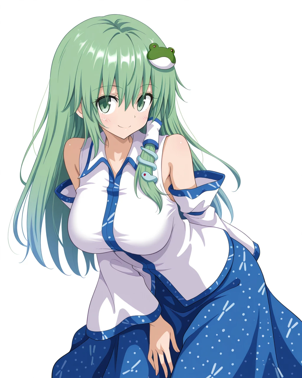 Expressive, score_9, score_8_up, score_9_up, Touhou, masterpiece, high quality, highly detailed, 1girl, kochiya sanae, solo, green hair, long hair, green eyes, long hair, big breasts, blush, round breasts,,,,,, frog hair ornament, hair tubes, snake hair ornament,,,, thin waist, sit on stool, white background,, virgin killer sweater, 
