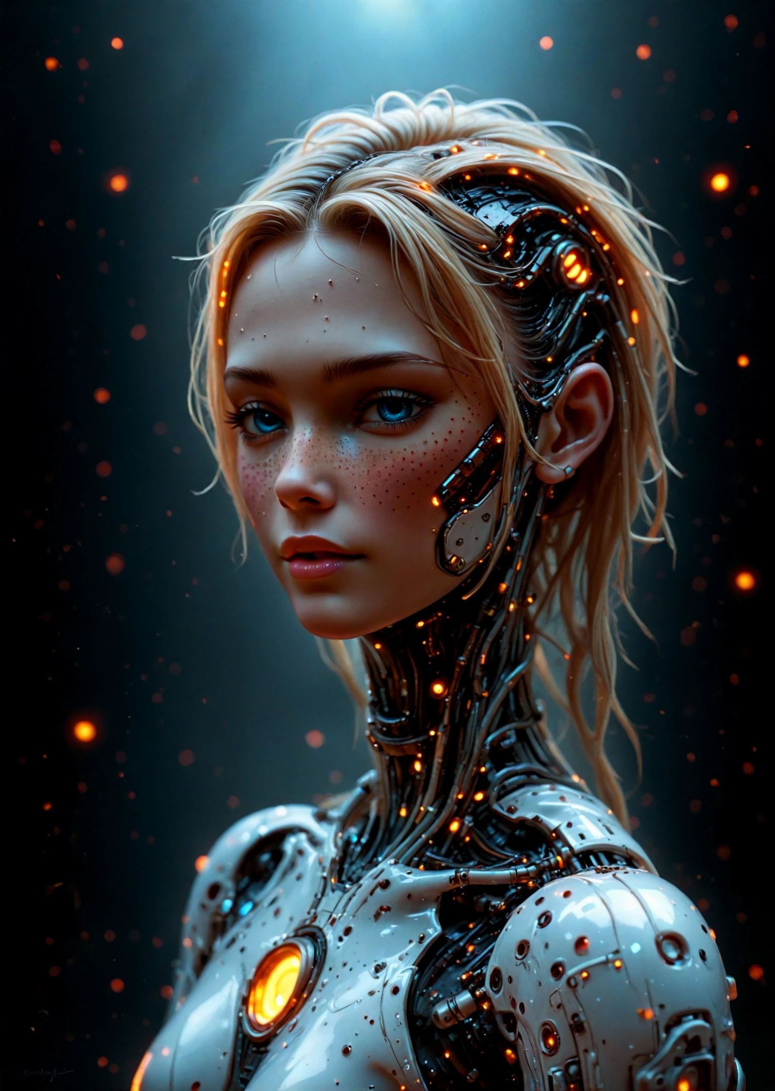 (score_9,score_8_up,score_7_up), photorealistic, photography, depth of field, cinematic, magical, young woman, petite, lovely face, colorful, blue_eyes, blonde_hair, freckles, nude, futuristic white nano bodysuit, science fiction, glowing_liquid, light tunnel, embers, light_particles, <lora:lora\Add_more_details_V2_XLpony.safetensors:0.8:0.8>