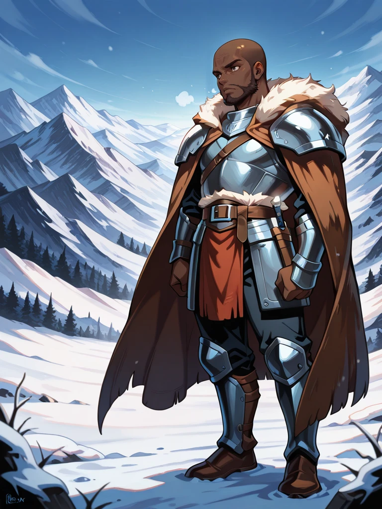 <lora:B._A._Reynald:1>,Reynald,1boy,bald,solo,
fur cloak, hide armor, fantasy barbarian warrior, mountains, snow, battleax,
masterpiece,best quality,ultra detailed