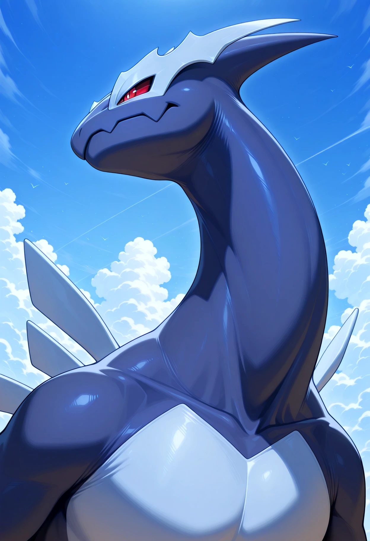 outside, solo, portrait, sh4dowlugi4, pokemon \(creature\), red eyes, clouds, sky, <lora:illustriousXL_stabilizer_v1.7:0.8> <lora:ShadowLugia_Pokemon_V1_ILXL:0.8>, perfect anatomy, masterpiece, perfect quality, best quality, detailed, newest, very aesthetic