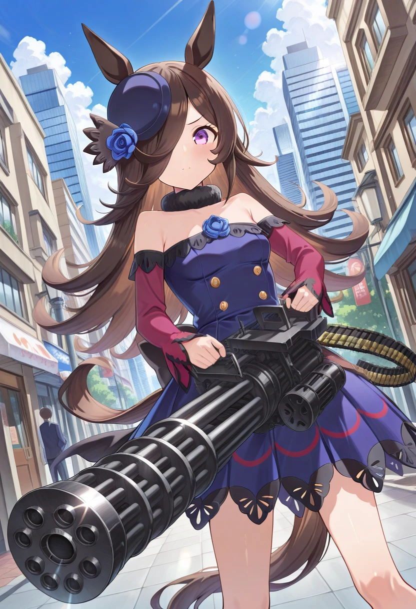 masterpiece, absurdres, newest, 1girl, c-m134, holding m134, two-handed, ammunition belt, rice shower \(umamusume\), umamusume, 1girl, horse girl, horse ears, horse tail, purple eyes, hair over one eye, long hair, brown hair, black hair, small breasts, hat flower, tilted headwear, long sleeves, detached sleeves, dress, looking at viewer, outdoors, city, day, lens flare, dutch angle, shiny metal, metal,