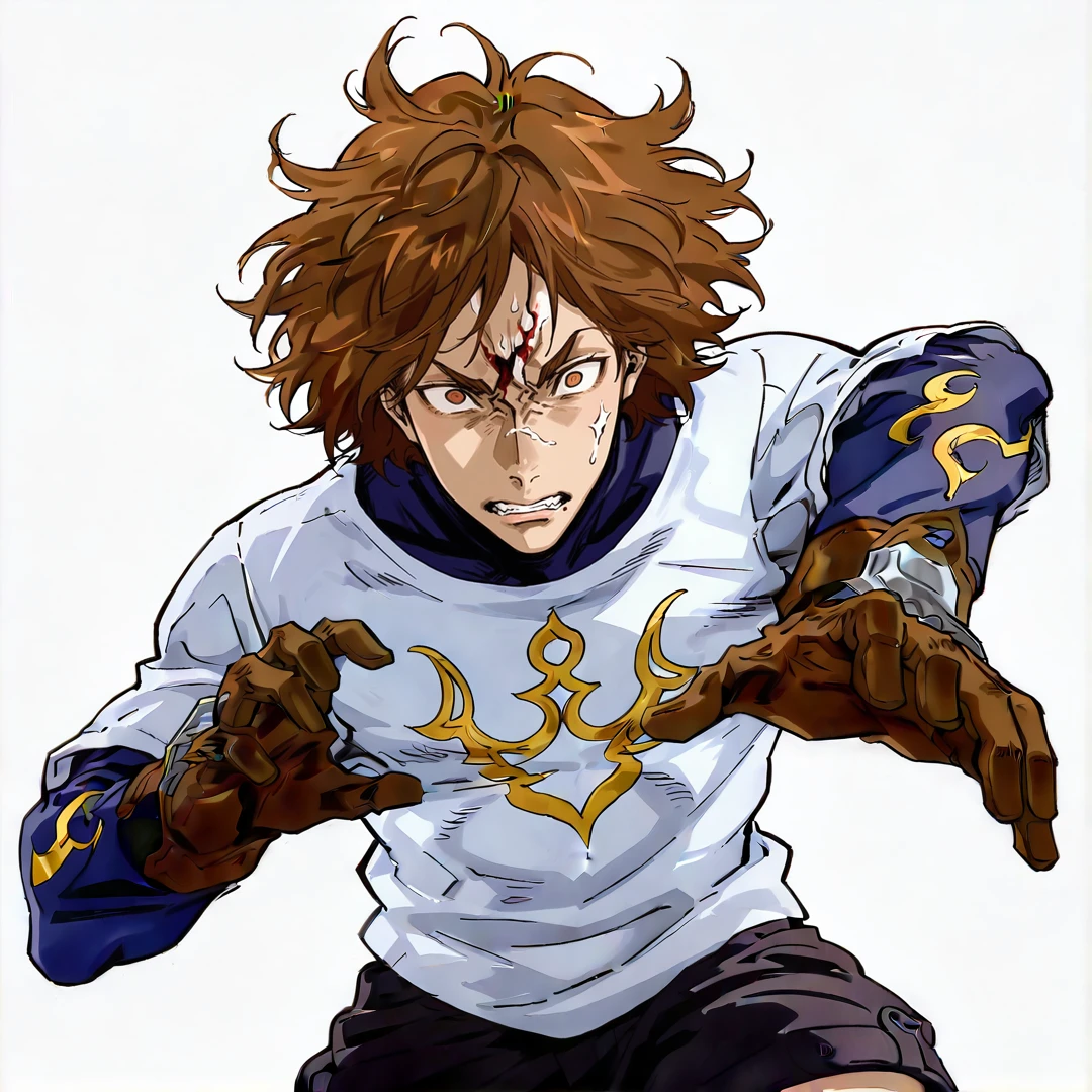 Drawing,1boy,solo,masterpiece,best quality, very aesthetic, absurdres, amazing quality, high resolution, ultra-detailed, absurdres, volumetric lighting,fullbody view,looking_at_viewer, simple_background, white_background,BREAK
<lora:Yugo_The_Wolf__Bloody_Roar:1> Yugo, brown eyes, official style, Scare center on forehead,long sleeves, gloves, upper body, , black shorts,messy hair,
<lora:AKinuNishimura_Style:1> NishimuraXL,, || white background,,