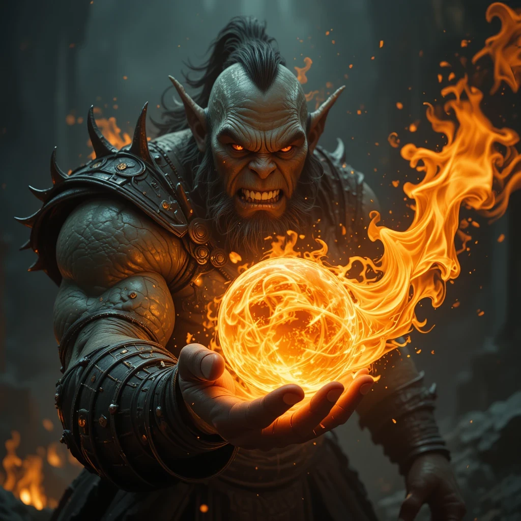 an evil orc holding a fire ball in his hand ready to fight.