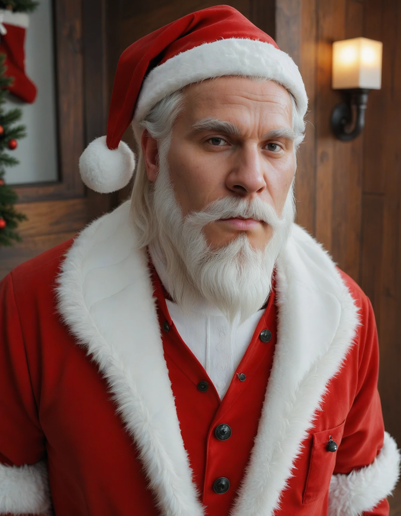 santa claus, headwear, hat, santa hat, solo, headgear, christmas headwear, santa claus, clothing, christmas clothing, male, facial hair, christmas, mustache, beard, holidays, old, looking at viewer, human, white hair, inside, wood wall
BREAK
 male focus, facial hair, beard, hat, santa hat, solo, old man, old, santa claus, looking at viewer, santa costume, realistic, white hair, red headwear, long beard, upper body, red jacket, christmas, fur trim, closed mouth, wrinkled skin, fur-trimmed headwear, indoors, wooden wall
<lora:pony_turbo_weghts_beta_v0_1_0:1>