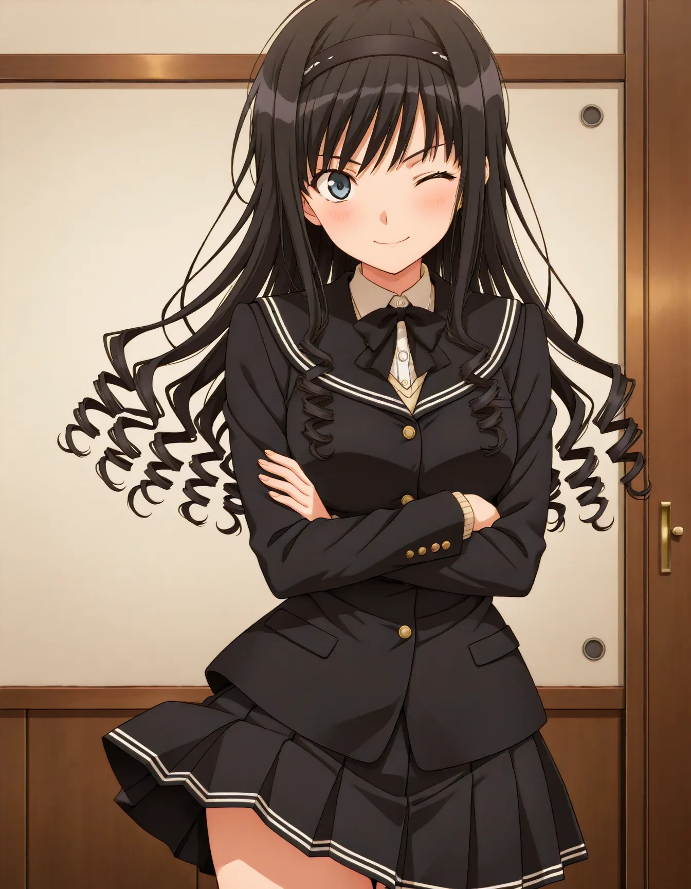 <lora:dmd2_sdxl_4step:1>,1girl,official style,masterpiece,best quality,newest,absurdres,highres,very awa,Anime,anime coloring,anime screencap,<lora:Haruka:1>,morishima haruka,black hair,drill hair,long hair,blue eyes,medium breasts,black hairband,black sailor collar,collared shirt,neck ribbon,black blazer,black bowtie,long sleeves,pleated skirt,black miniskirt,smile,stylish_pose,crossed_arms,one eye closed,