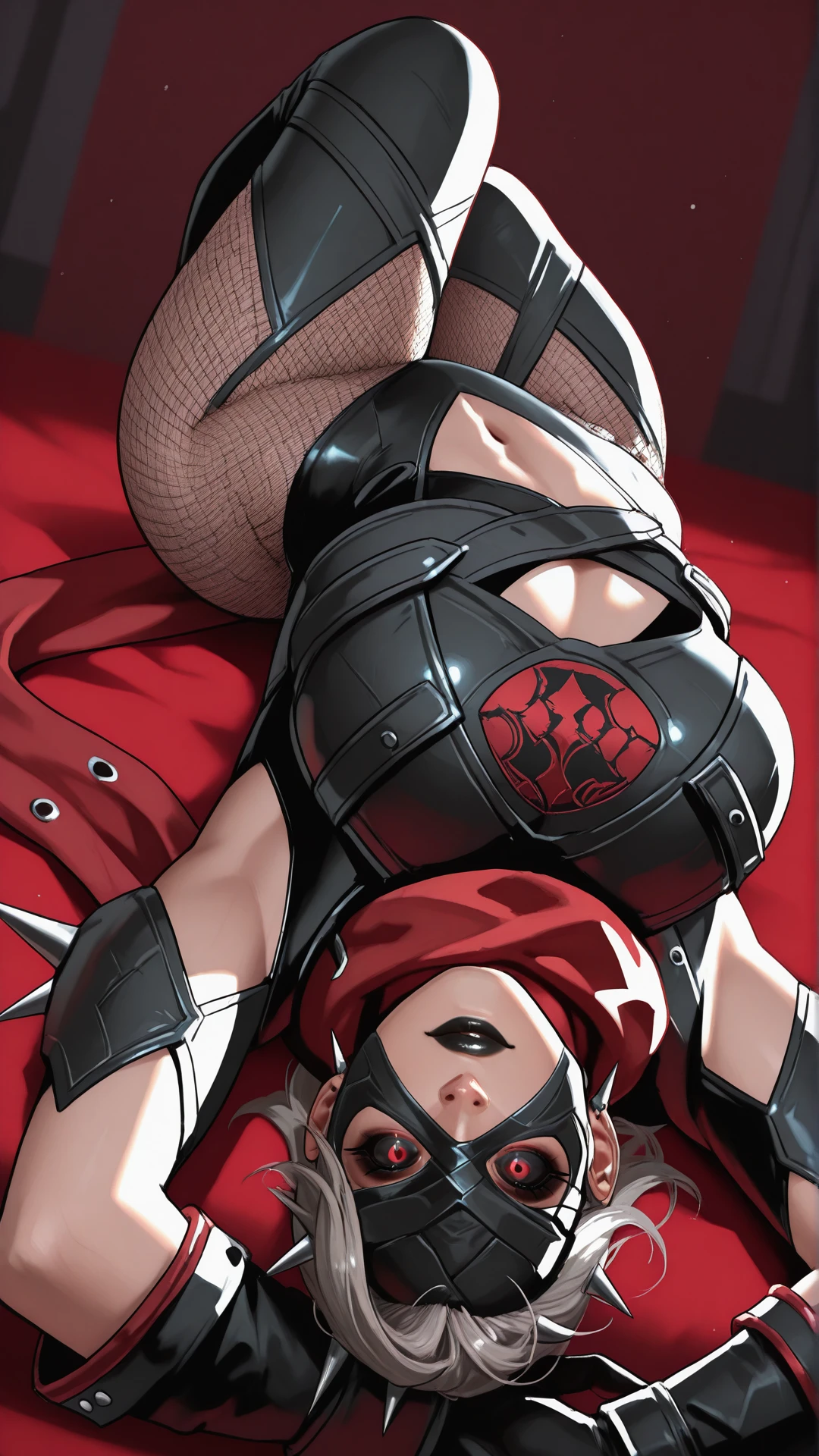 masterpiece, best quality, Cammy White blonde messy hair with 2 braids, green eyes, red bennie, sitting full body on bed clenched fists hands on waist, strong abs, leather collar choker, leather corset, red cheeks smile closed, red military boots, red bootstraps, red gloves gauntlets cover fingertips