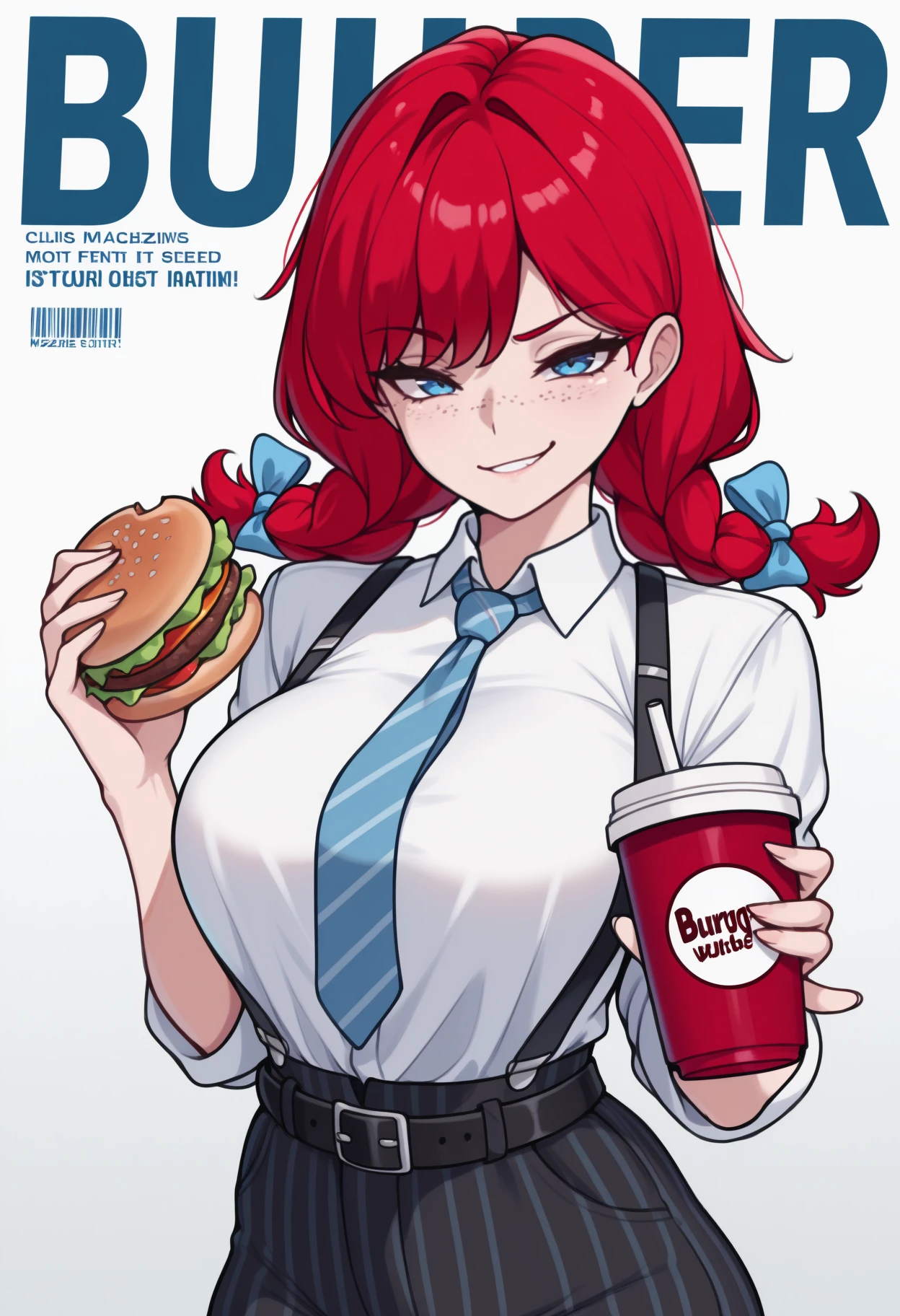 (Best Quality, Masterpiece),sexy mommy seducing young boy , Front cover of a women's cooking magazine for school boy ,, naked, erotic, 18+, nsfw, 1girl 1boy, 30 years old sexy woman with school boy, stunning, cute, smile, hourglass figure, sexy Maid costume, beautiful food, text, diagrams, advertisements, magazine title, long red hair,red detailed sparkling eyes,One strand of hair hangs down over his forehead