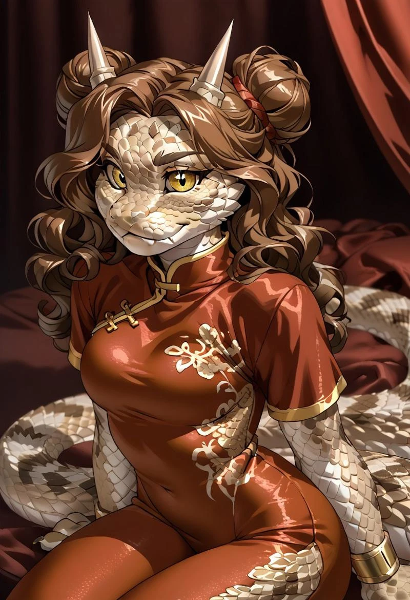 score_9, score_8_up, score_7_up, (by jailbird:1.5), (by kittydee:1.5), (by zummeng:1.5), masterpiece, best quality, (solo),
(Furry Art: anthro: saharan horned viper:1.5), 1girl, expressive eyes, feminine eyes, <lora:beautiful_detailed_eyes:1>, perfect face, snake, reptile, horned eyebrows, scales, multicolored scales, light brown scales, brown spots, white scales, snake eyes, yellow eyes, (brown hair:1.5), (wavy hair), (chinese hair buns), medium breasts, (chinese style shirt:1.5), (tight pants:1.5),