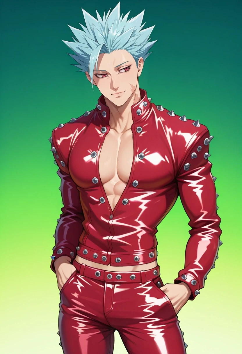 masterpiece, best quality, intricate details, (photorealistic:0.6), , 1boy, solo, male focus, <lora:ban_nanatsu_no_taizai_ilxl:0.96>, ban_nanatsu_no_taizai, blue hair, red eyes, spiked hair, scar, leather jacket, red jacket, leather pants, , scarecrow costume