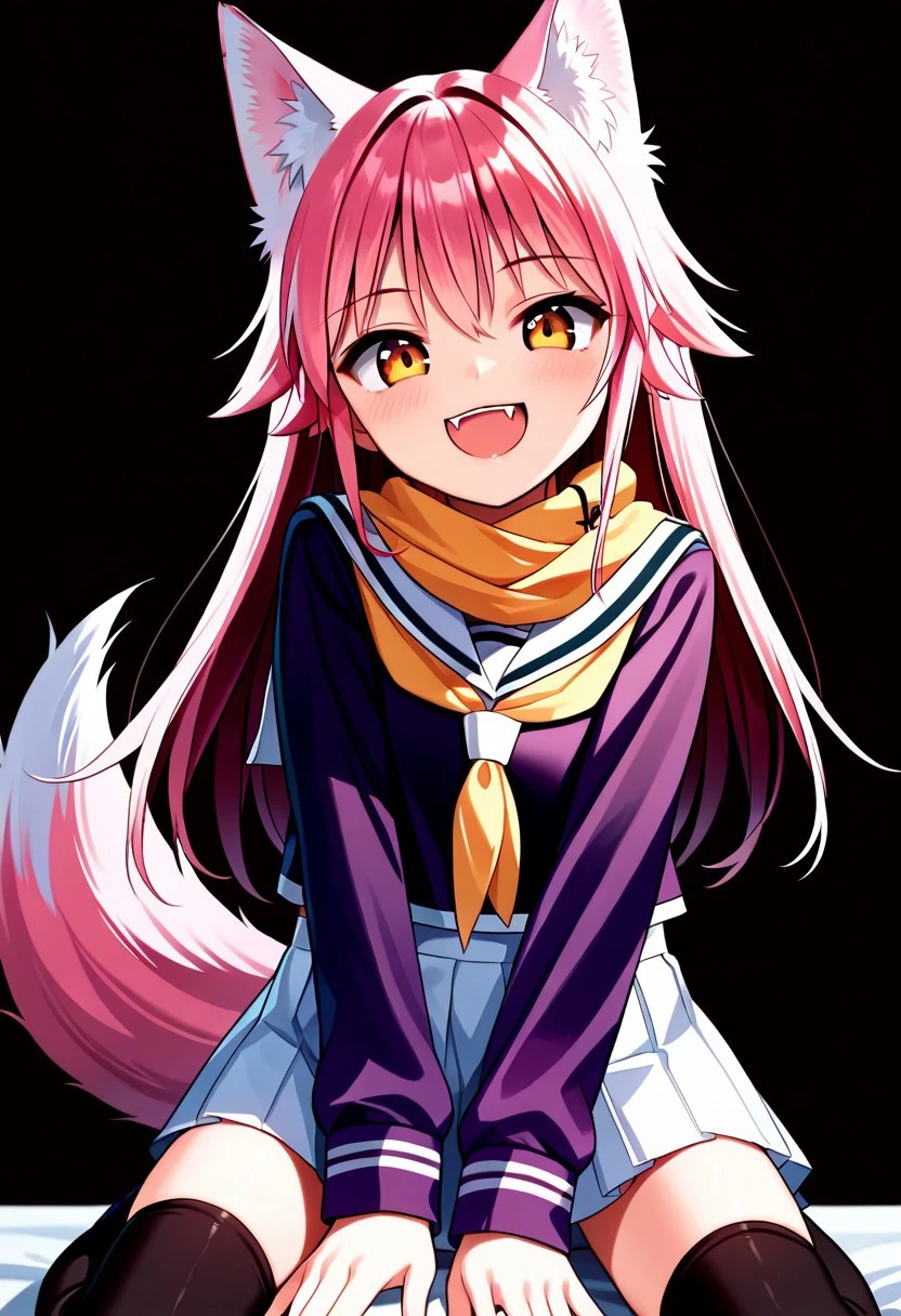 score_9, score_8_up, score_7_up, score_6_up, score_5_up, score_4_up, Lanka Ookami, wolf girl, long hair, pink hair, wolf ears, ear fluff, fluffy wolf tail, ((wolf tail)), (orange eyes: 1.1), serafuku, Skirt, School uniform, Pleated skirt, Serafuku, White skirt, Shirt, Purple shirt, Sailor collar, White Sailor collar, Long sleeves, Yellow Scarf, Knee-high stockings, smile, POV, looking at viewer, blush, smile, open mouth, upper teeth only, fangs