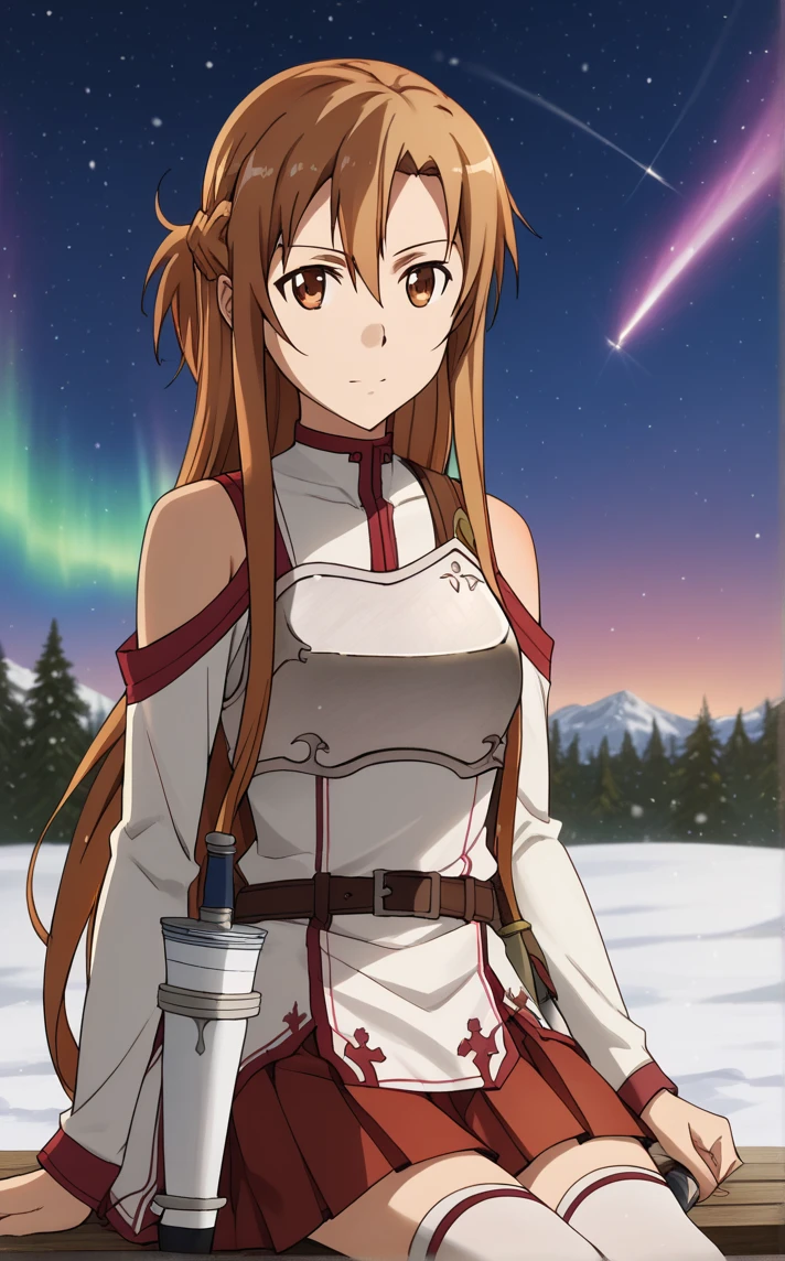 score_9, score_8_up, score_7_up, absurdres, sitting, aurora, shooting star, star \sky\, winter, snow, night, scenery, outdoors, depth of field, solo, looking at viewer,<lora:PONYXL_SAO_AsunaYuuki_ownwaifu:1>, BREAK BreastPlate_Asuna_ownwaifu, 1girl, asuna (sao), brown hair, brown eyes, bare shoulders, long hair, breastplate, armor, detached sleeves, french braid, long sleeves, belt, sheath, rapier, white thighhighs, pleated skirt, hair between eyes, red skirt, white armor, sheathed, sleeveless, white dress, half updo, zettai ryouiki, bangs, collarbone, miniskirt, white sleeves, cross,<lora:add-detail-xl:0.15>,