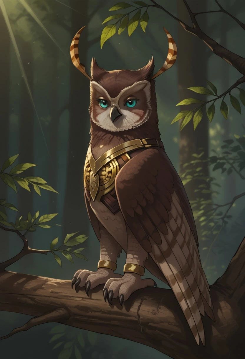 BREAK score_9, score_8_up, score_7_up, source_anime, 1girl, detailed, 1girl, Solo, Longclaw_(Sonic), owl, feral, two-tone feathers, brown-white, blue eyes, two long feathers, two feathers behind the ears, brown wings, golden armor, chest armor, (sitting on a tree branch:1.8), (sunlight dappling the leaves:1.1), forest background, view front,