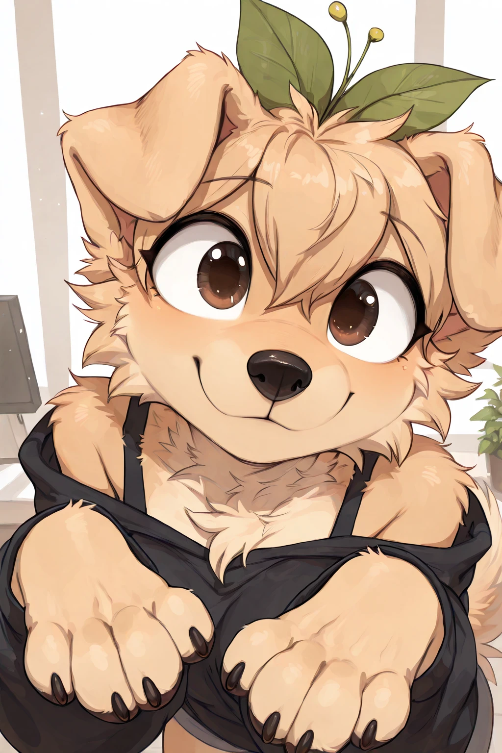 digital media \(artwork\), (masterpiece, high quality, best quality, 8k uhd, absurd res, very aesthetic, newest), <lora:Berri-Illus:0.8>, golden retriever, female, anthro, tan body, tan fur, plant on head, brown eyes, bangs, dog girl, canine, cheek tuft, floppy ears, paws, solo, <lora:Mega_Fluffy_IL:0.9> megafluffy, (fluffy), furry,