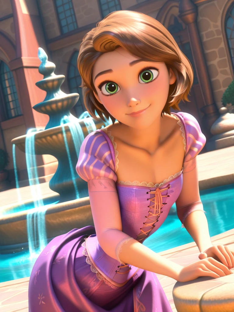 (screencap:1.2), realistic, 3d, cartoon,
1girl, (RapunzelXL:1.1), purple dress, short hair, brown hair, green eyes, puffy sleeves, short sleeves, corset, flat chest, narrow waist, wide hips,
light smile, dutch angle, cute pose, happy, looking at viewer, town, fountain, dynamic pose, cowboy shot, skirt lift, leaning forward,,,
<lora:RapunzelXL_character-12:1>