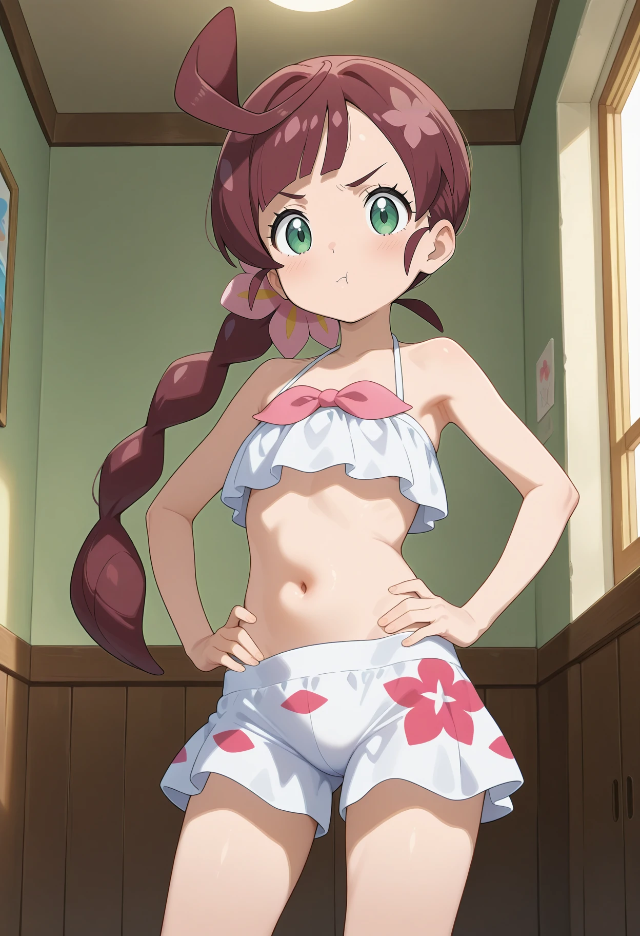best quality, good quality, amazing quality, very aesthetic, absurdres, masterpiece, 1girl, aachloe, long hair, brown hair, braided ponytail, ahoge, green eyes, floral print, swimsuit, white bikini, bikini shorts, white shorts, <lora:chloe_(pokemon)_ilxl_v1:0.9>, standing, cowboy shot, indoors, room, pout, hands on own hips,