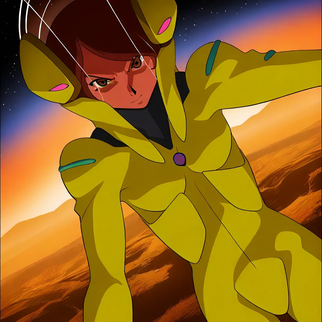 Masterpiece,best quality, anime style,Lessie Adonel ,space helmet, yellow pilotsuit,looking at viewer, solo, cowboy shot, dutch angle,outdoor,landscape,source_anime