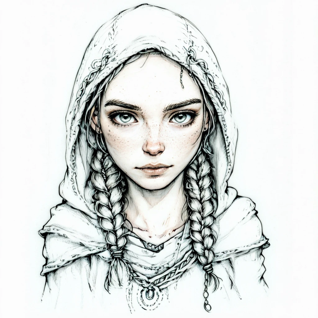 ArsMJStyle, Whimsical Mechanica, Line Drawing, The image is a black and white sketch of a young woman's face. She has long braided hair that is styled in two braids and is tied up in a braid-like manner. Her hair is covered with a hood that covers her head and shoulders. She is wearing a necklace with a pendant and earrings. The woman has a serious expression on her face and is looking directly at the viewer. The sketch is done in a sketchy hand-drawn style with loose lines and shading. The overall mood of the image is mysterious and contemplative., 1girl, solo, freckles, hood, monochrome, braid, twin braids, greyscale, looking at viewer, traditional media <lora:Whimsical_Mechanica_Line_DrawingSDXL:1>