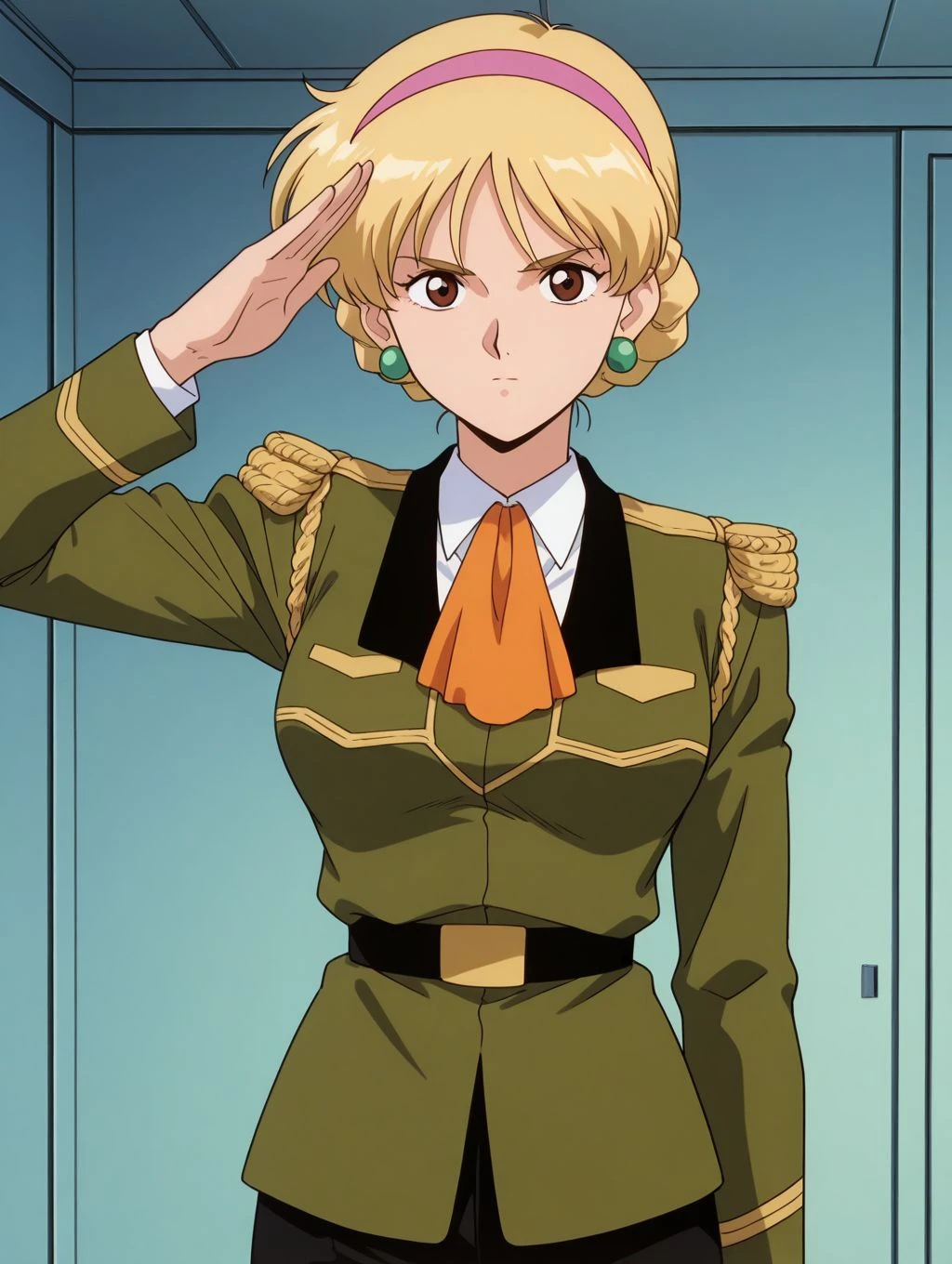 masterpiece, best quality, newest, absurdres, highres, detailed eyes, beautiful, detailed background, perfect eyes, anime coloring, anime screencap, 1990s \(style\), 1girl, solo, katejina loos. blonde hair, short hair, single bun, french braid, pink hairband, brown eyes, medium breasts, earrings, military uniform, green jacket, long sleeves, epaulettes, white shirt, orange ascot, belt, black pants, looking at viewer, serious, salute, (indoors) <lora:katejina_gdmv_pony-08:0.8>
