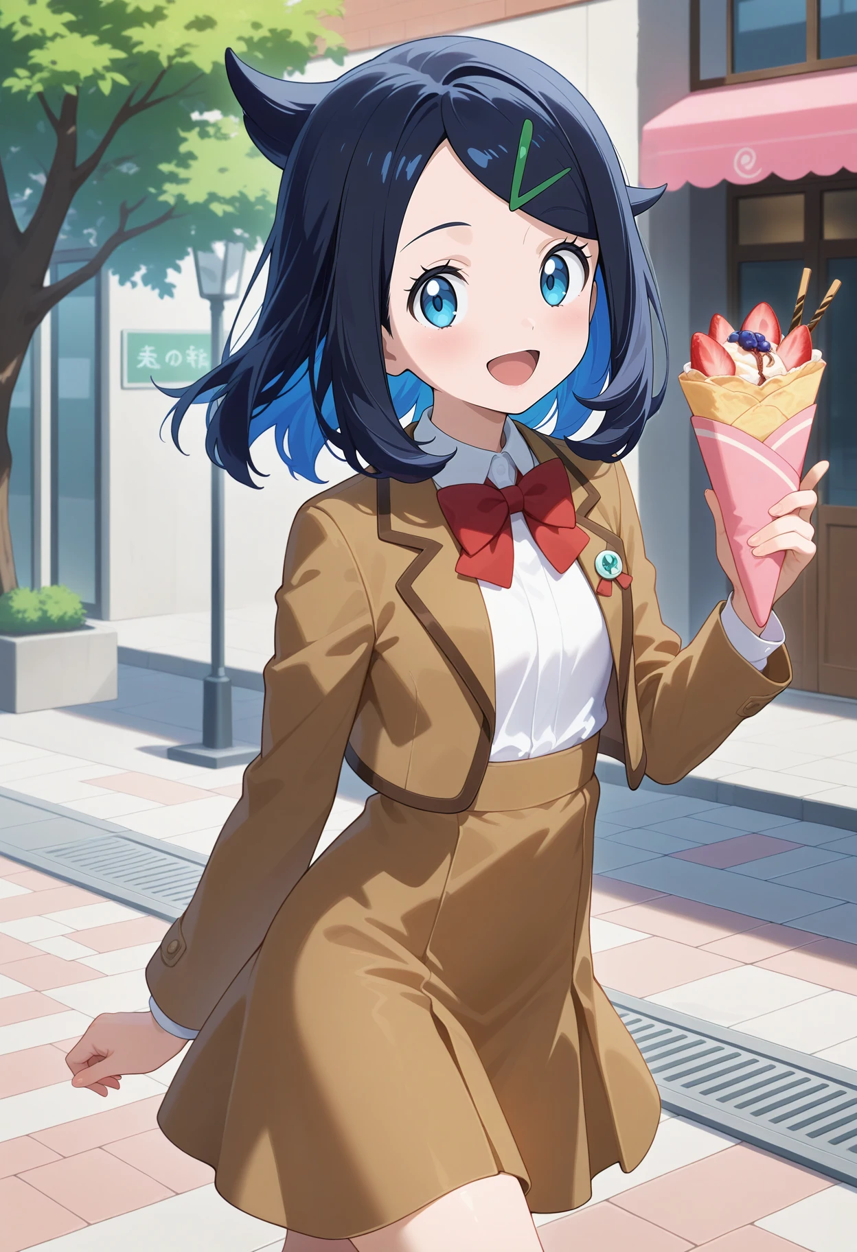 best quality, good quality, amazing quality, very aesthetic, absurdres, masterpiece, 1girl, aaliko, medium hair, black hair, colored inner hair, hairclip, blue eyes, school uniform, red bowtie, white shirt, brown jacket, open jacket, long sleeves, high-waist skirt, brown skirt, <lora:liko_(pokemon)_ilxl_v1:0.9>, walking, cowboy shot, holding food, crepe, open mouth, street, smile, happy,