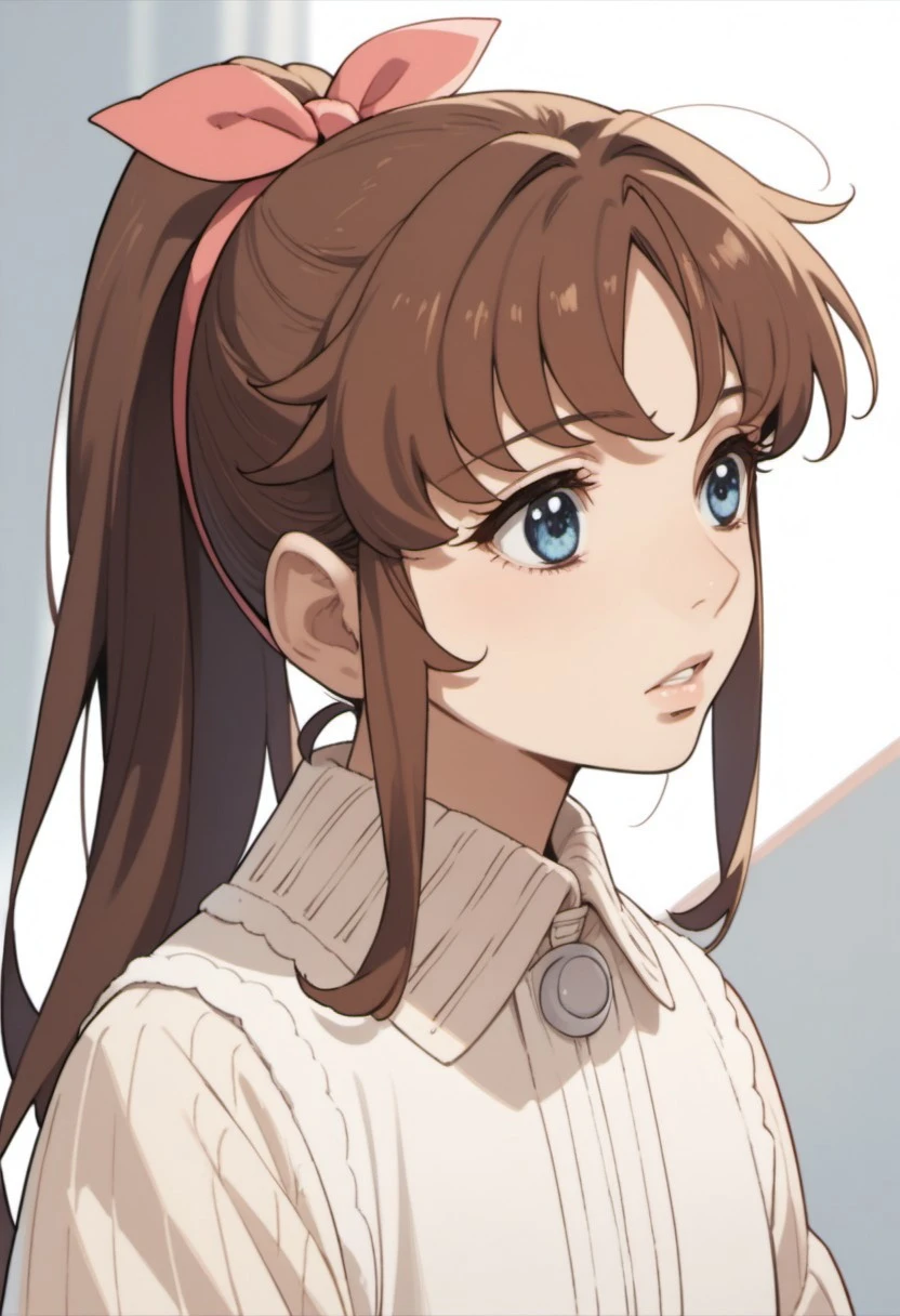 score_9, score_8_up, score_7_up, source_anime, kiryu mikage, brown hair, ponytail, long hair, blue eyes, 1girl, solo, anime coloring, parted lips, ribbon, bow, hair ribbon