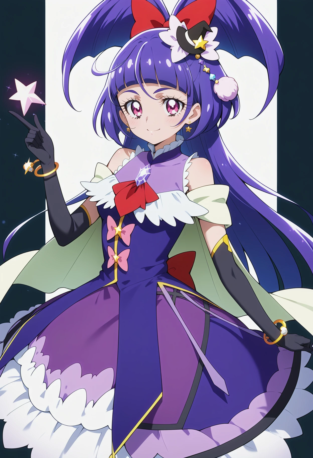 score_9, score_8_up, score_7_up, score_6_up, score_5_up, score_4_up, source_anime, aacm, precure, long hair, light purple hair, red bow, mini hat, black headwear, pink eyes, breasts, jewelry, capelet, brooch, red ascot, purple dress, bracelet, elbow gloves, black gloves, pink bow, purple skirt, <lora:izayoi_liko_ponyxl_v1:0.9>, standing, cowboy shot, magic, smile,