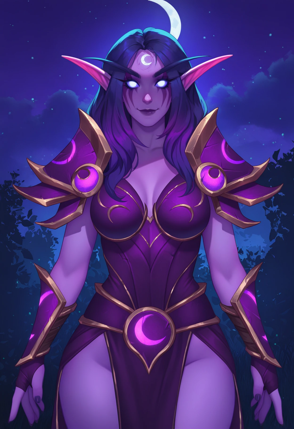 masterpiece, best quality, absurdres, highres, newest, 1girl, solo, <lora:nightelf-wc-richy-v1_ixl:1> nghtelf, pointy ears, colored sclera, glowing eyes, no pupils, no eyes, colored skin, facial mark, dark, darkness, night, crescent moon, night sky, purple skin, looking at viewer, smile, closed mouth, shoulder armor, pauldrons, pelvic curtain,