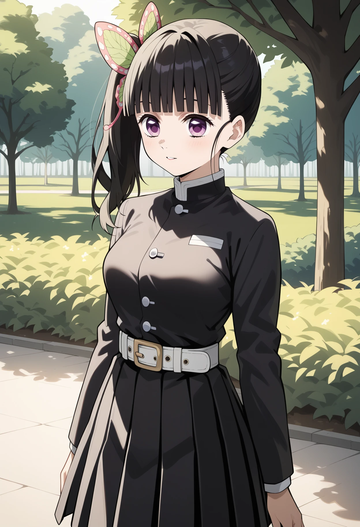 score_9, score_8_up, score_7_up, score_6_up, score_5_up, score_4_up, source_anime, aakanao, long hair, black hair, side ponytail, hair ornament, purple eyes, breasts, black shirt, long sleeves, white belt, pleated skirt, black skirt, <lora:tsuyuri_kanao_ponyxl_v1:0.9>, standing, cowboy shot, park,