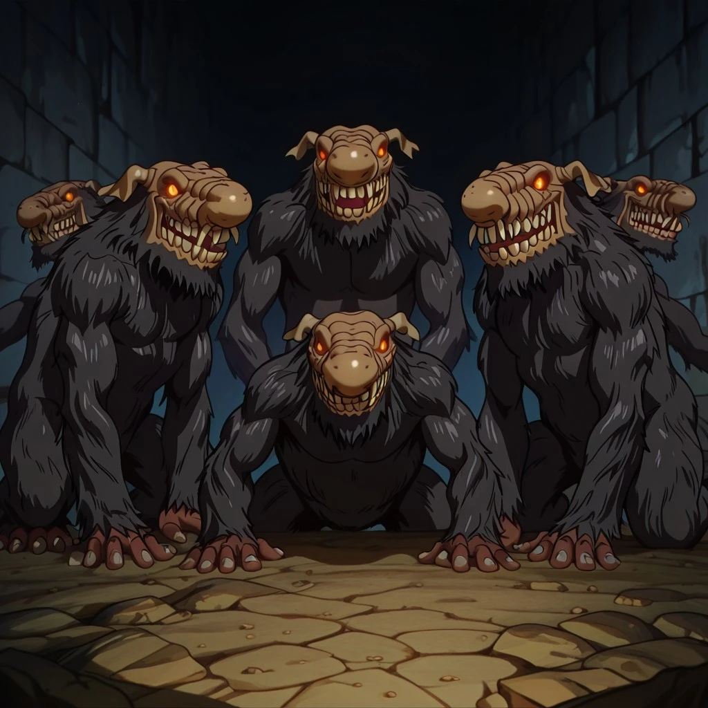 masterpiece, best quality, newest, absurdres, highres, anime, anime style, berserk, Berserk-Troll-IL-V1.0-MultipleTrolls, multiple trolls, multiple monsters, multiple others, monster,
