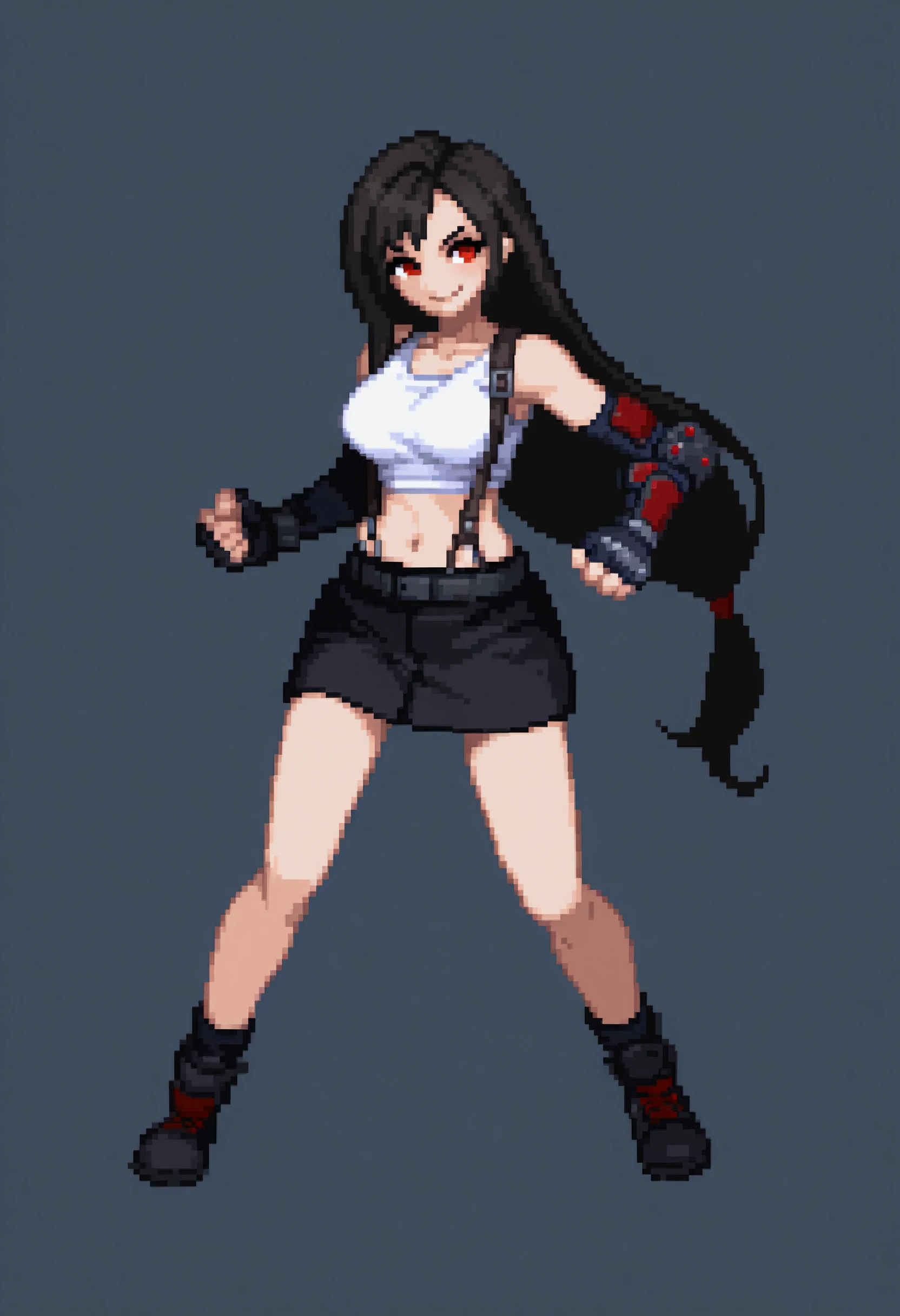 masterpiece, best quality, solo, 1girl, smile, looking at viewer, <lora:Melty-Blood-Sprites-illus_Fp:1>, pixel art, full body, simple background, white background, tifa lockhart,