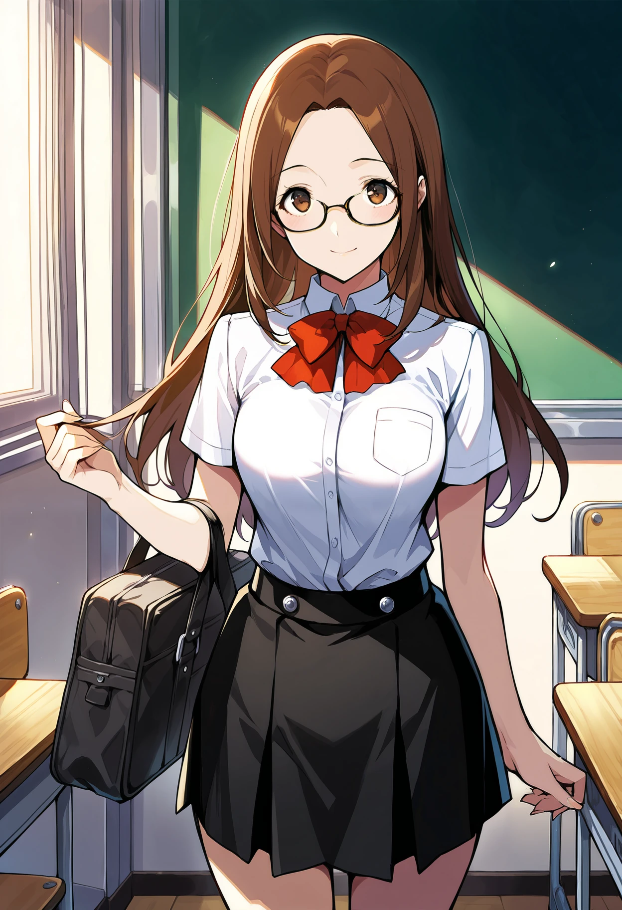 (masterwork, masterpiece, best quality, hyper-detailed :1.3),
1 girl, solo,
p3chihiro, long hair, brown hair, glasses, hair down
p3chihiro-sumuni, school uniform, gekkoukan high school uniform, bow, bowtie, red bow, shirt, short sleeves, white shirt, dress shirt, skirt, black skirt, thighs,
classroom, standing, looking at viewer, smile,