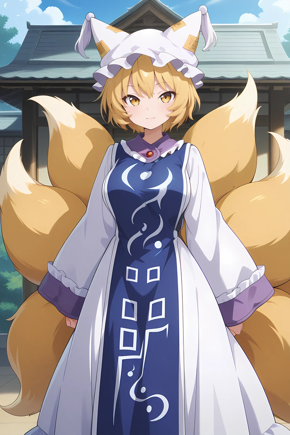 absurdres, highres, masterpiece, best quality, amazing quality, official anime artwork, screencap, anime screencap, outdoors, looking at viewer, light smile,
 <lora:Yakumo-Ran_Illustrious:1> yakumo ran, 1girl, solo, yellow eyes, blonde hair,  short hair, multiple tails, fox tail, fox ears,, hat, white headwear, ofuda, tabard, white dress, long dress, frills, long sleeves, wide sleeves