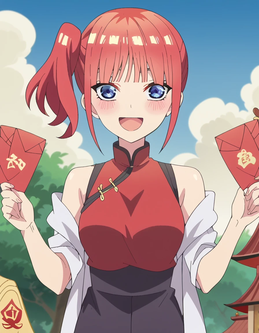 score_9, score_8_up, score_7_up, source_anime, <lora:nino-nakano-honeymoon-ponyxl-lora-nochekaiser:1>, nino nakano, short hair, bangs, blue eyes, large breasts, pink hair, blunt bangs, side ponytail, one side up, anime screencap, <lora:hongbao-ponyxl-lora-nochekaiser:1>, hongbao, chinese new year, good fortune symbol, holding envelope, envelope, red envelope, outstretched arm, smile, blush, outdoors, open mouth, looking at viewer,, ,