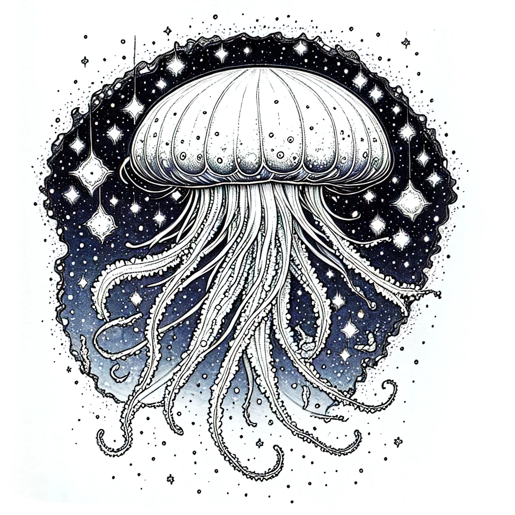 <lora:Whimsical_Mechanica_Line_DrawingSD1):1> ArsMJStyle, Whimsical Mechanica, Line Drawing, The image is a black and white illustration of a jellyfish. The jellyfish has a round body with a flat top and long tentacles extending outwards from its body. The tentacles are long and slender with small dots scattered throughout. The body of the jellyfish appears to be covered in small bumps and ridges giving it a textured appearance. The background is a dark blue with small white dots scattered across it creating a starry night sky. The overall mood of the image is peaceful and serene., no humans, tentacles, traditional media, jellyfish, monster, monochrome, full body