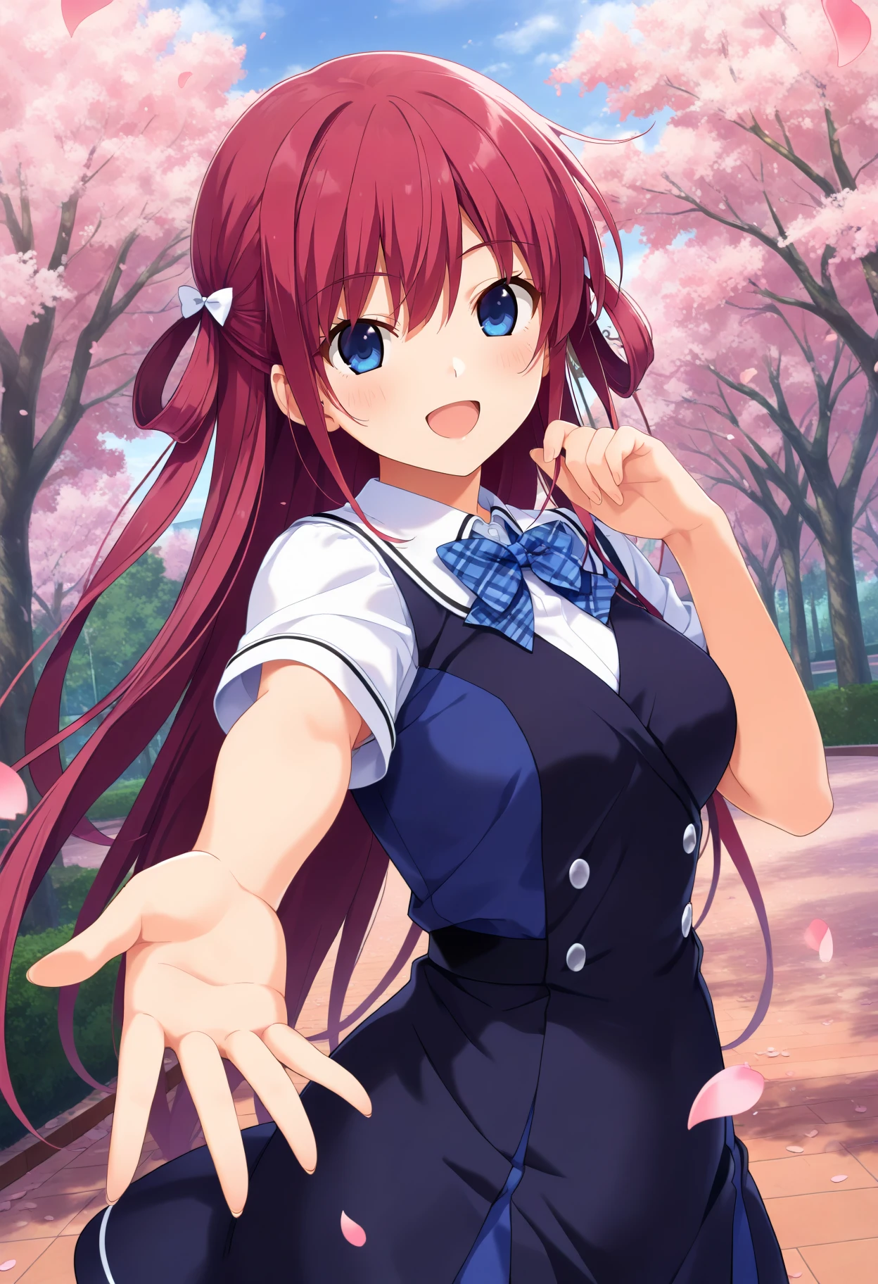 masterpiece, best quality, newest, absurdres, highres, 1girl, aaamane, long hair, red hair, hair rings, hair bow, blue eyes, breasts, school uniform, plaid bowtie, white shirt, black dress, blue dress, short sleeves, <lora:suou_amane_ilxl_vpred_v1:0.9>, standing, cowboy shot, park, smile, open mouth, reaching, petals,