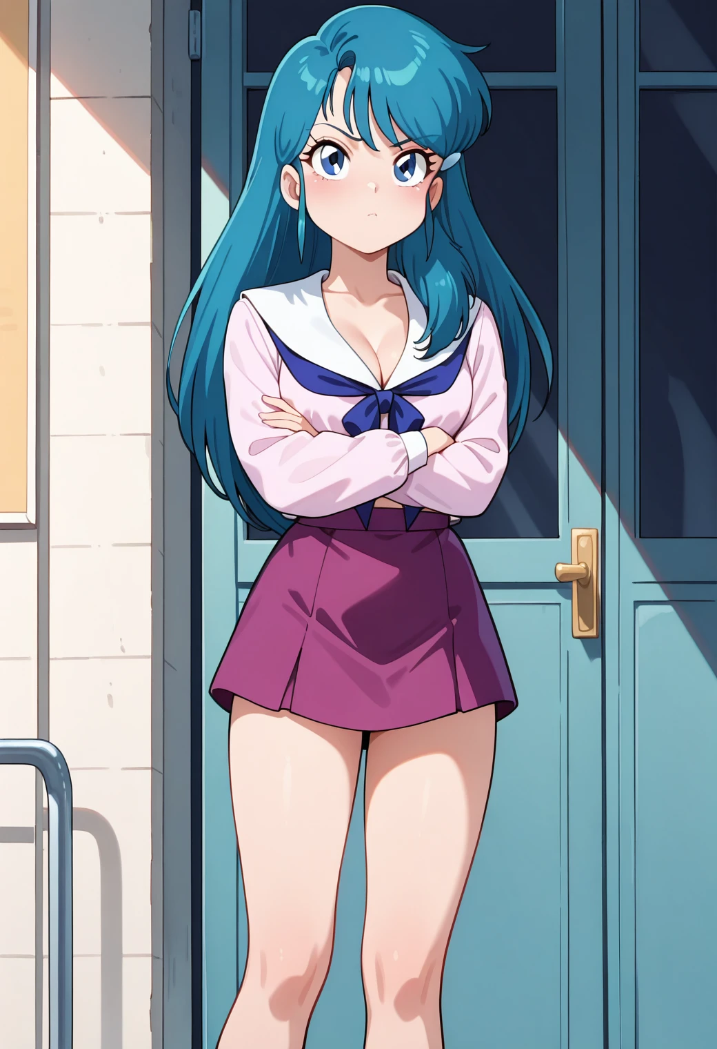 masterpiece, best quality, very aesthetic, absurdres, 1girl, solo,
<lora:kuki_rei_v01:1>, kuki_rei, rei_normal, blue hair, long hair, blue eyes, breasts,
hair ornament, school uniform, sailor collar, blue neckerchief, cleavage, long sleeves, purple skirt, miniskirt, posing, crossed arms,