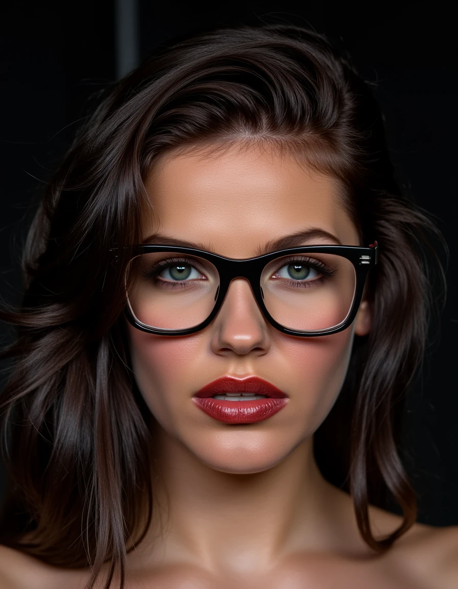 A striking portrait of a fierce woman with piercing eyes and bold, direct eye contact. She wears natural-looking brick-red lipstick and large, avant-garde glasses. The composition embodies a high-fashion editorial aesthetic, blending ethereal beauty with dramatic shadows and luxurious fashion details. The zoomed-out perspective places the subject in 30% of the frame, leaving ample negative space around her head for a modern, minimalist feel. The subtle 3D effect enhances the visual depth, creating a captivating and dynamic image.