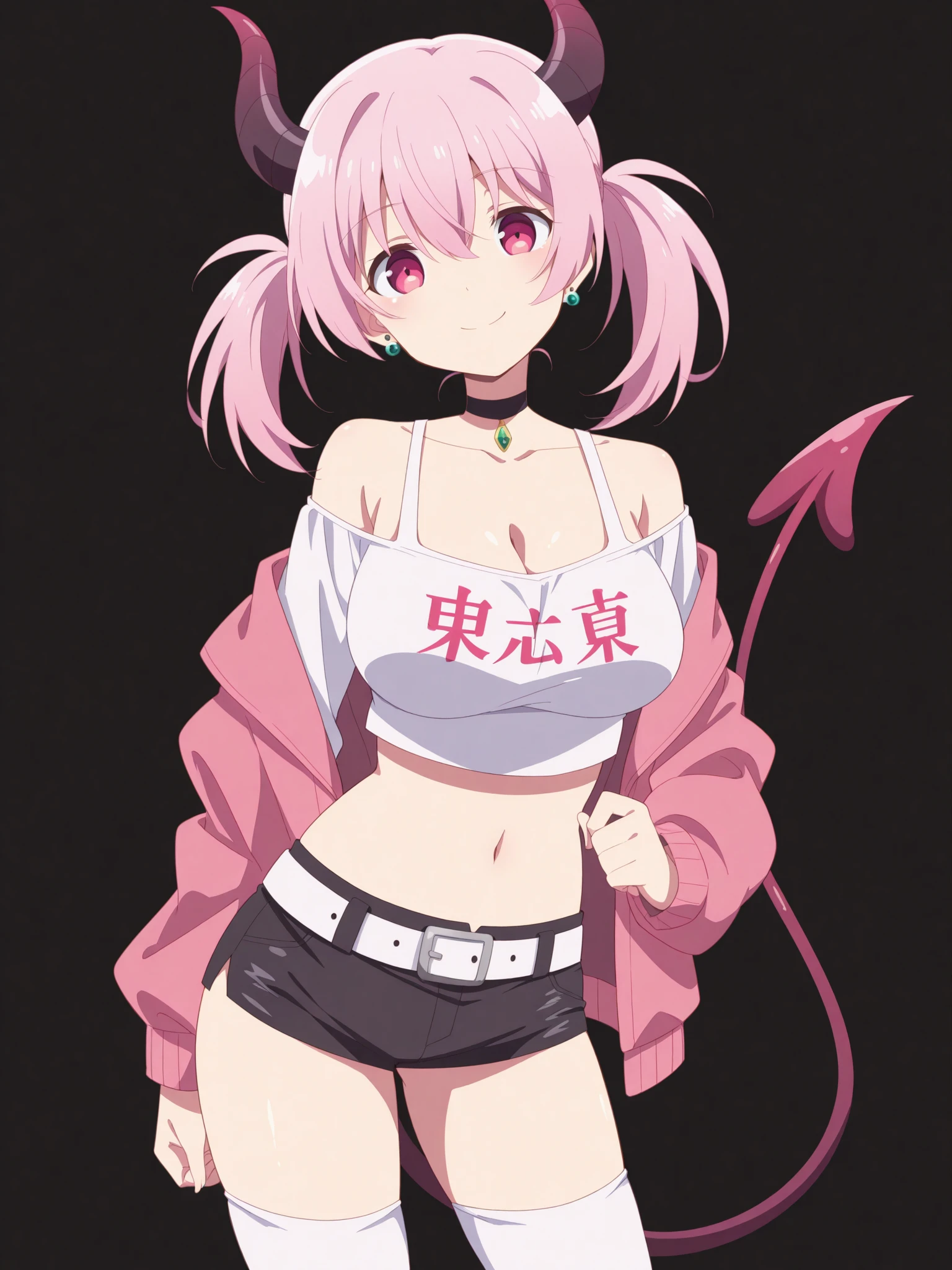 score_9, score_8_up, score_7_up, score_6_up, score_5_up,
1girl, solo, breasts, tail, pink_hair, horns, demon_tail, shorts, jacket, twintails, large_breasts, smile, looking_at_viewer, long_hair, navel, choker, black_background, pink_eyes, short_shorts, belt, demon_girl, pink_jacket, demon_horns, simple_background, tank_top, open_jacket, cleavage, black_shorts, open_clothes, thighhighs, off_shoulder, bare_shoulders, closed_mouth, head_tilt, hair_between_eyes, cowboy_shot, jewelry, micro_shorts, collarbone, black_choker, white_thighhighs, crop_top, bangs, earrings, clothes_writing, shirt, midriff, standing, see-through, contrapposto, long_sleeves,
<lora:Arifureta_Illustrious_SD8:1>